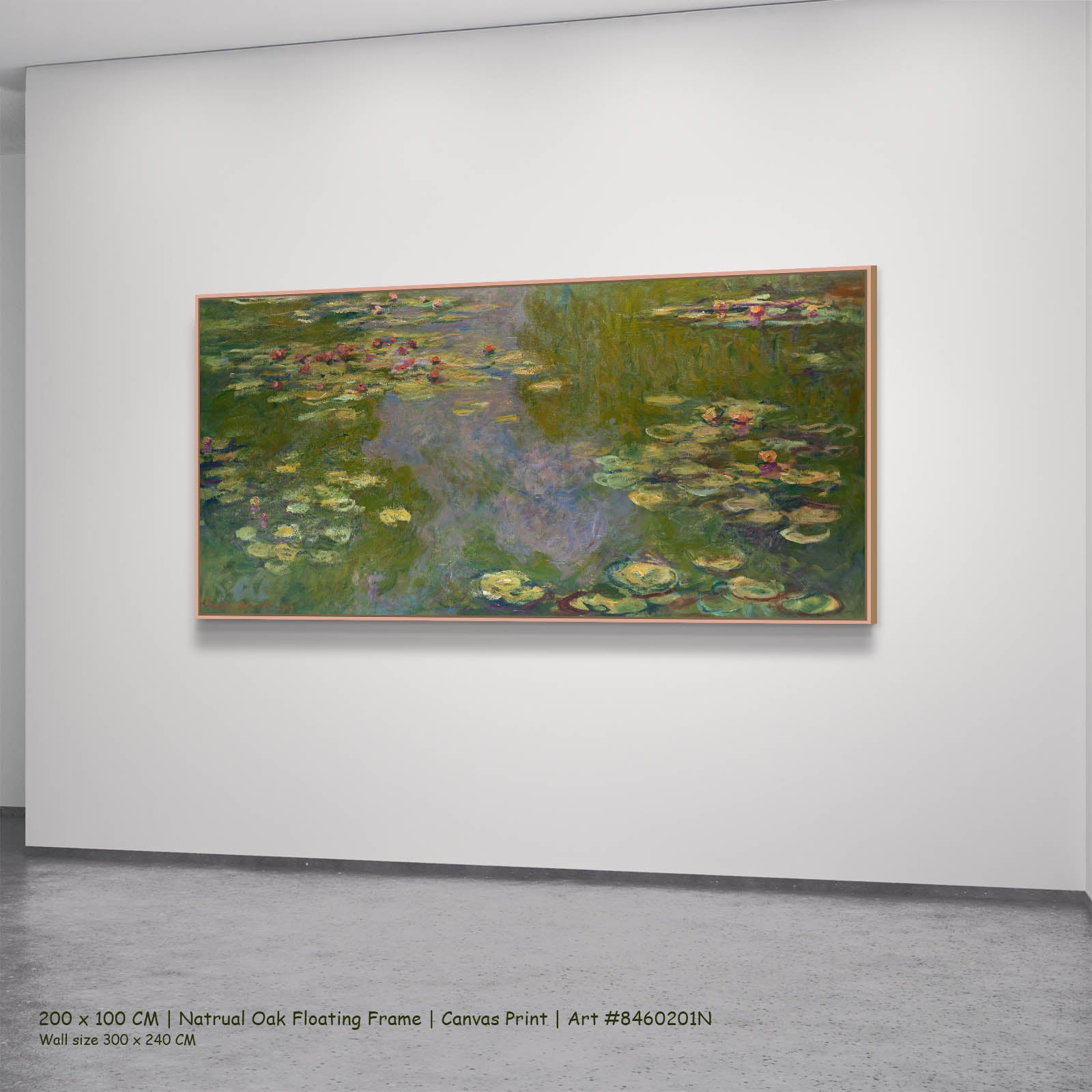Water Lilies (Wide Panorama) Floral canvas wall art in a natural oak floating frame, 200 × 100 cm