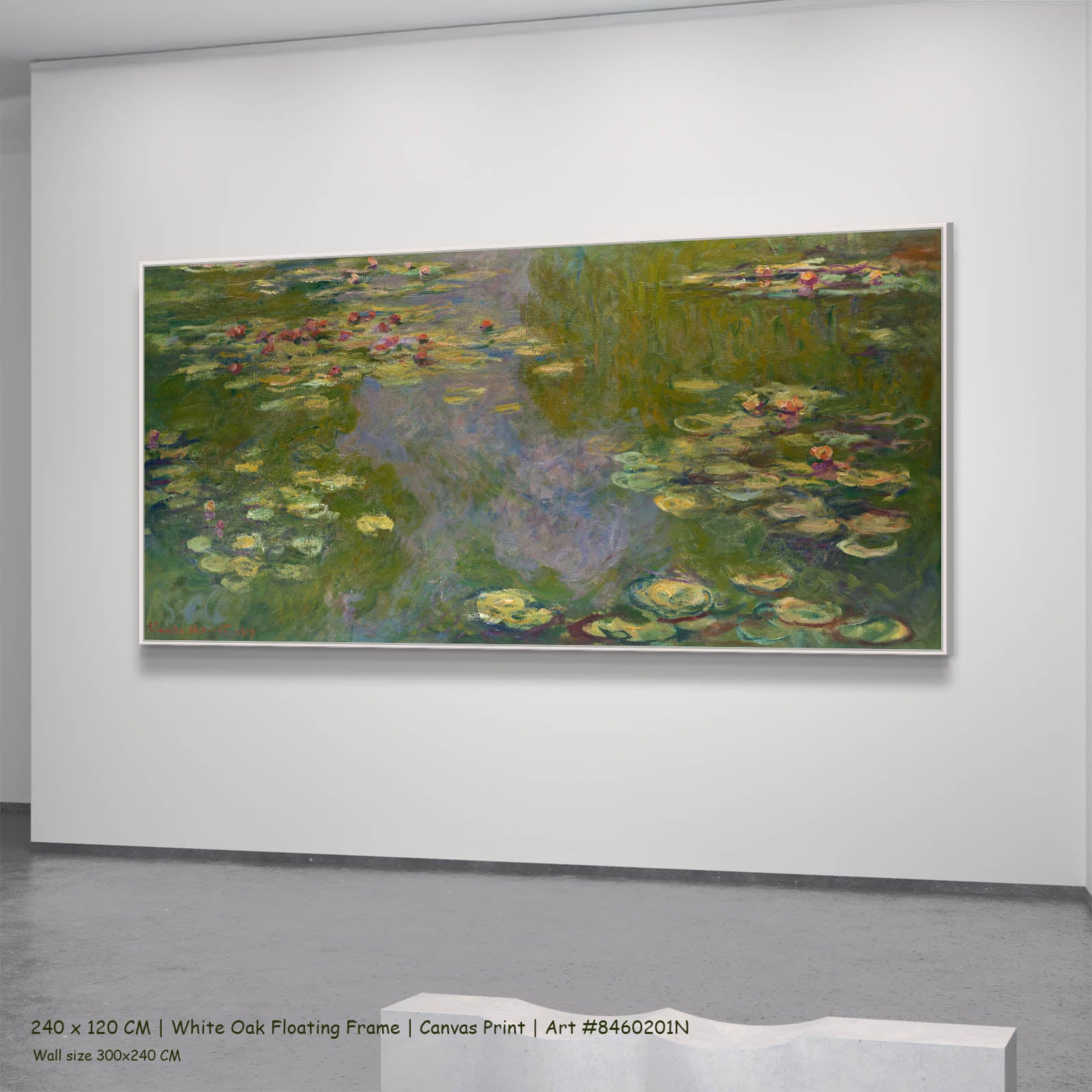 Water Lilies (Wide Panorama) Floral canvas wall art in a white oak floating frame, 240 × 120 cm
