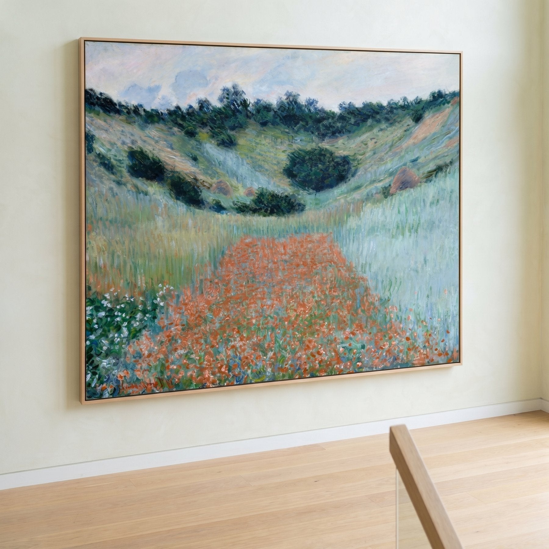 Poppy Field in a Hollow near Giverny Oversized Floral Landscape canvas wall art framed and hung on a wall by Claude Monet