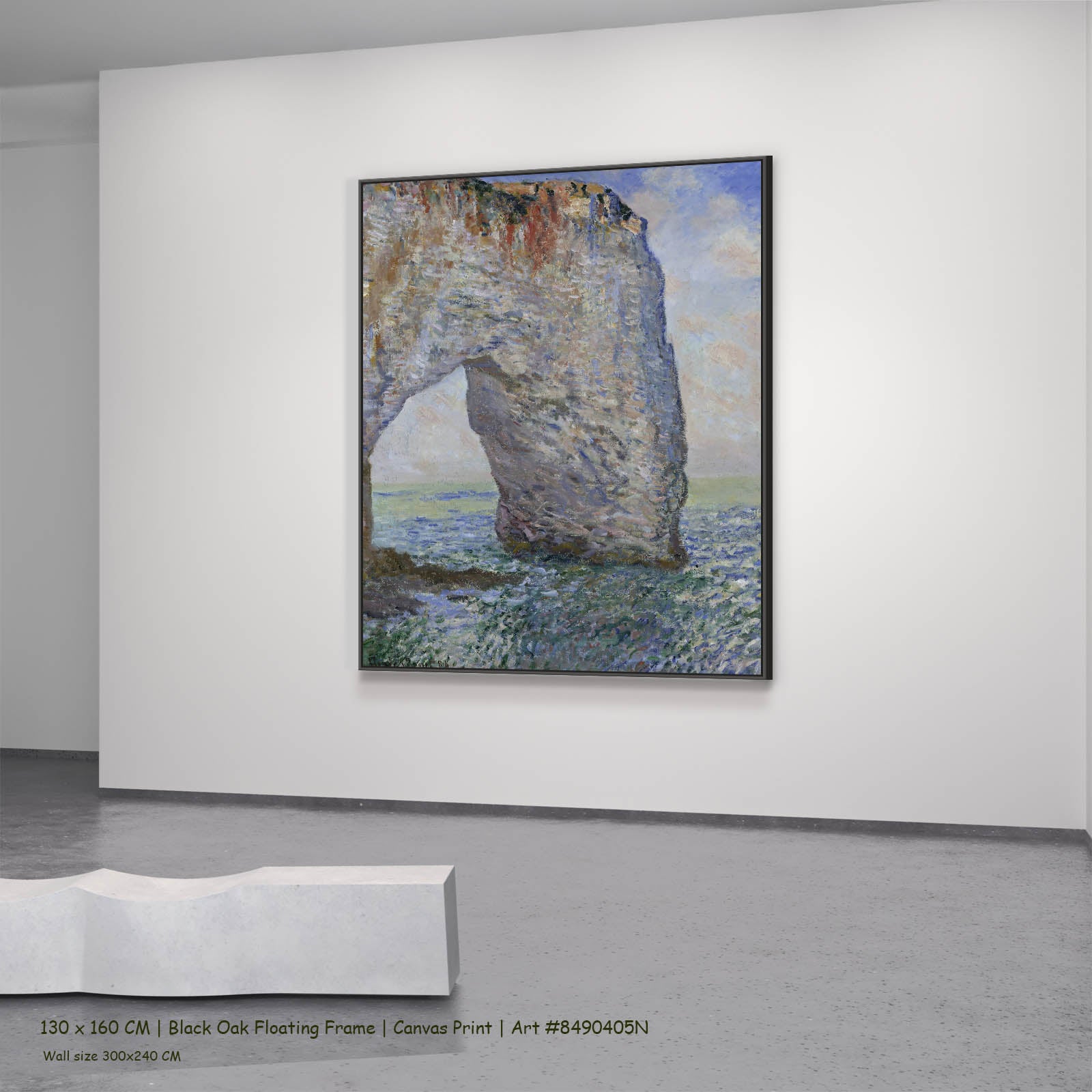 The Manneporte near Étretat Coastal canvas wall art in a black oak floating frame, 130 × 160 cm