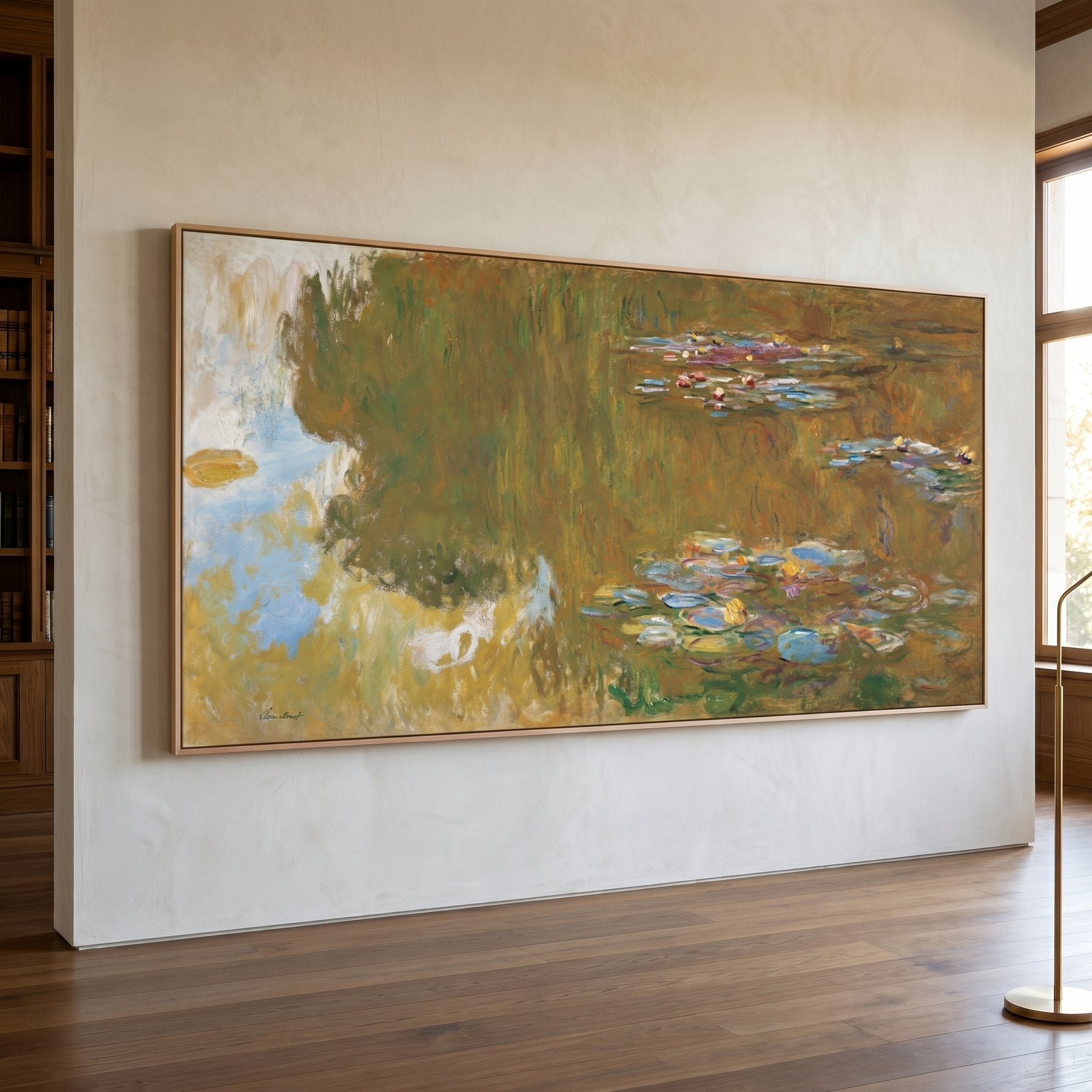 The Water Lily Pond Large Landscape canvas wall art framed and hung on a wall by Claude Monet