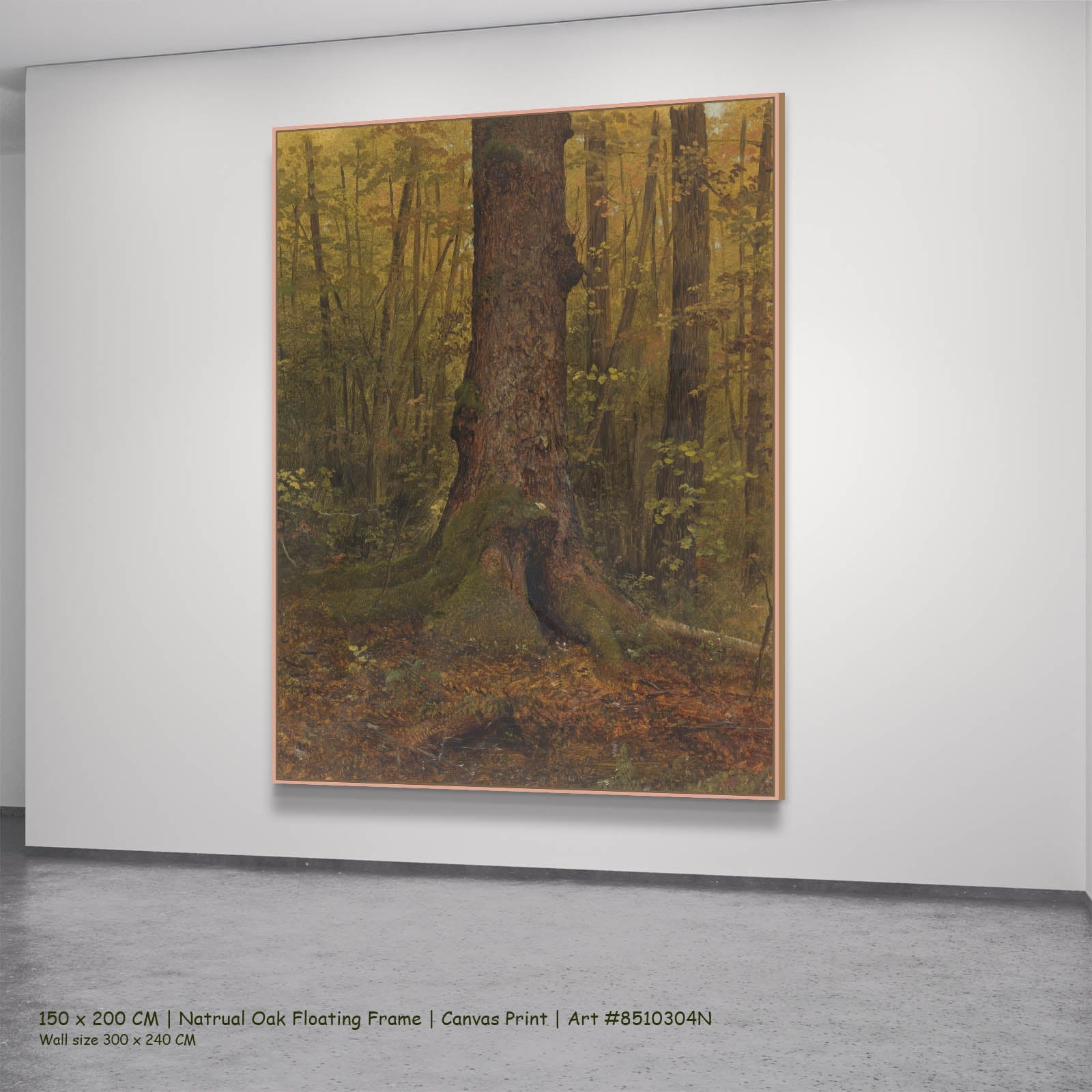 In the Woods, Maine Landscape canvas wall art in a natural oak floating frame, 150 × 200 cm