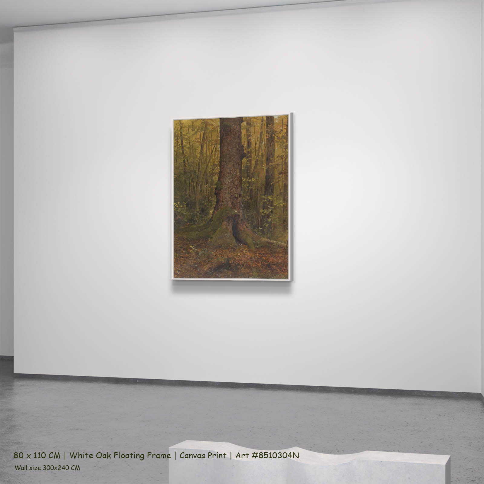 In the Woods, Maine Landscape canvas wall art in a white oak floating frame, 80 × 110 cm