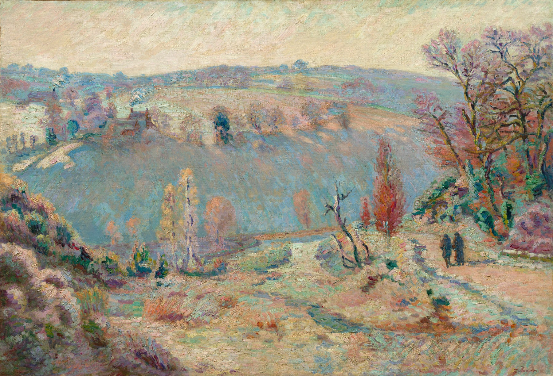 Large yellow and blue Impressionist canvas print of White Frost by Armand Guillaumin