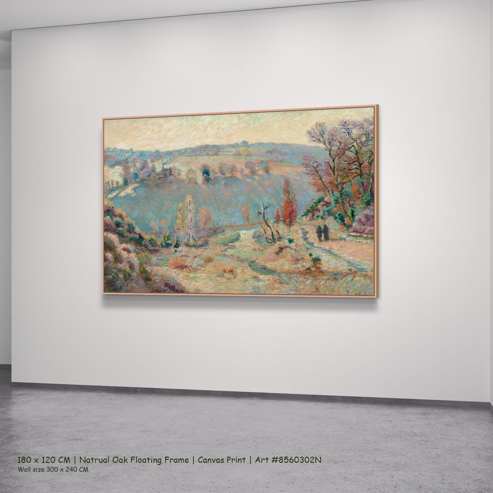 White Frost by Armand Guillaumin in a natural oak floating frame, large yellow and blue Impressionist canvas