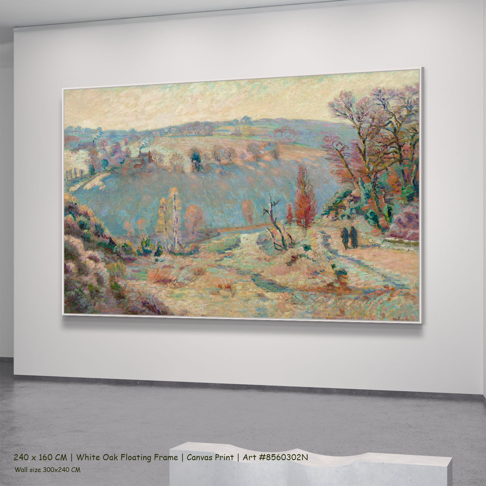 White Frost by Armand Guillaumin in a white oak floating frame, large yellow and blue Impressionist canvas