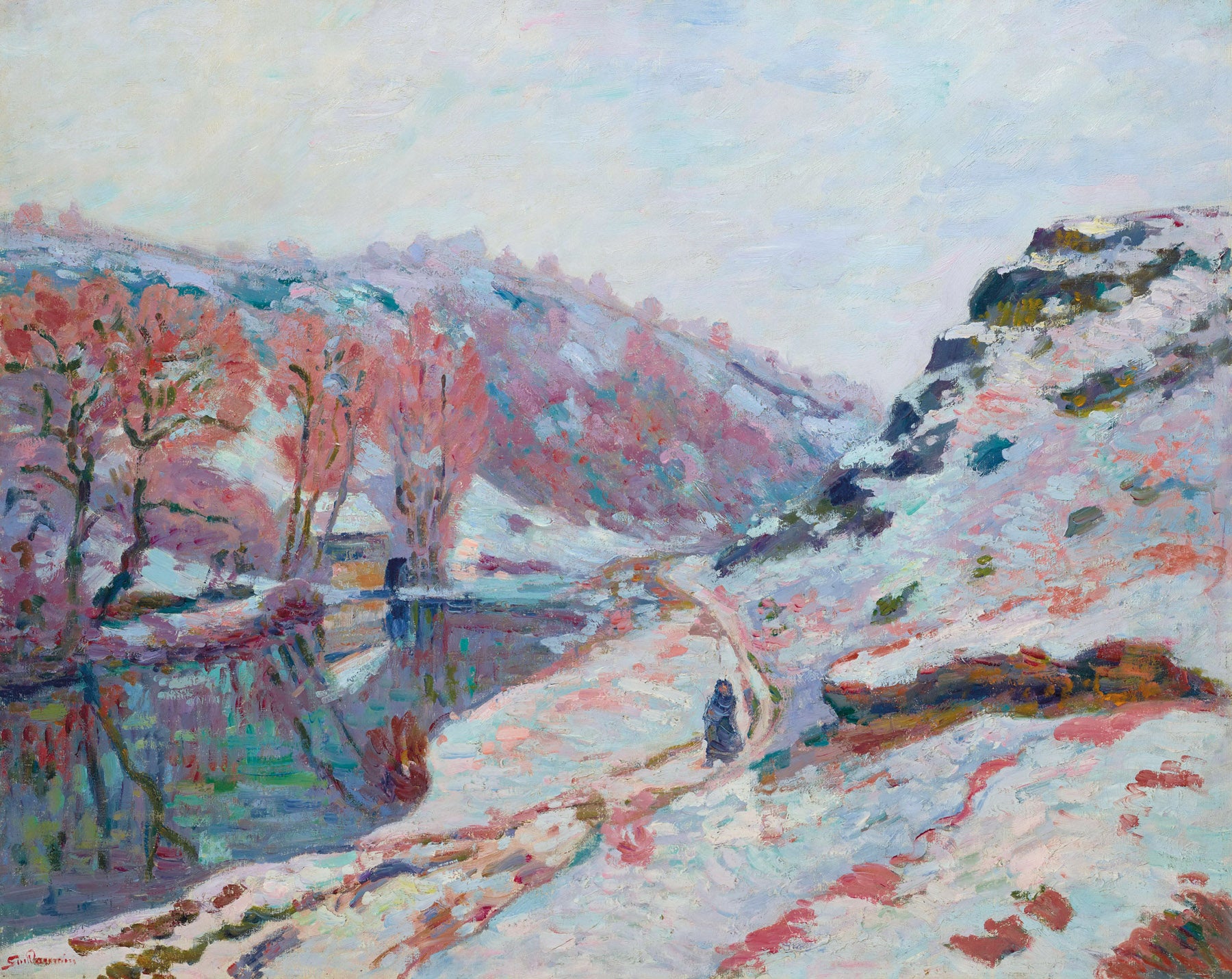 Large blue and pink Impressionist canvas print of La Vallée de la Sédelle sous by Armand Guillaumin