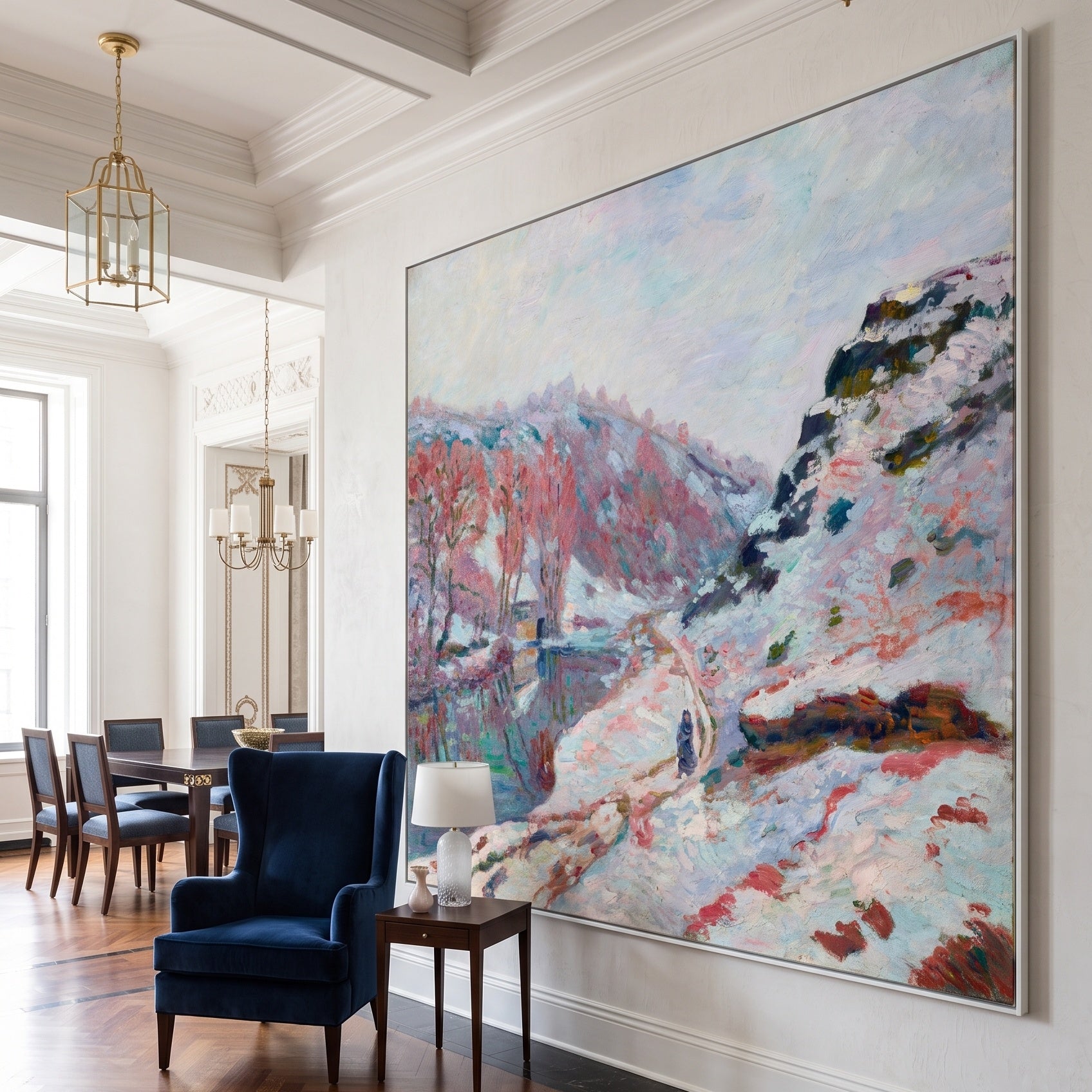La Vallée de la Sédelle sous by Armand Guillaumin — large blue and pink Impressionist canvas art on a hallway wall