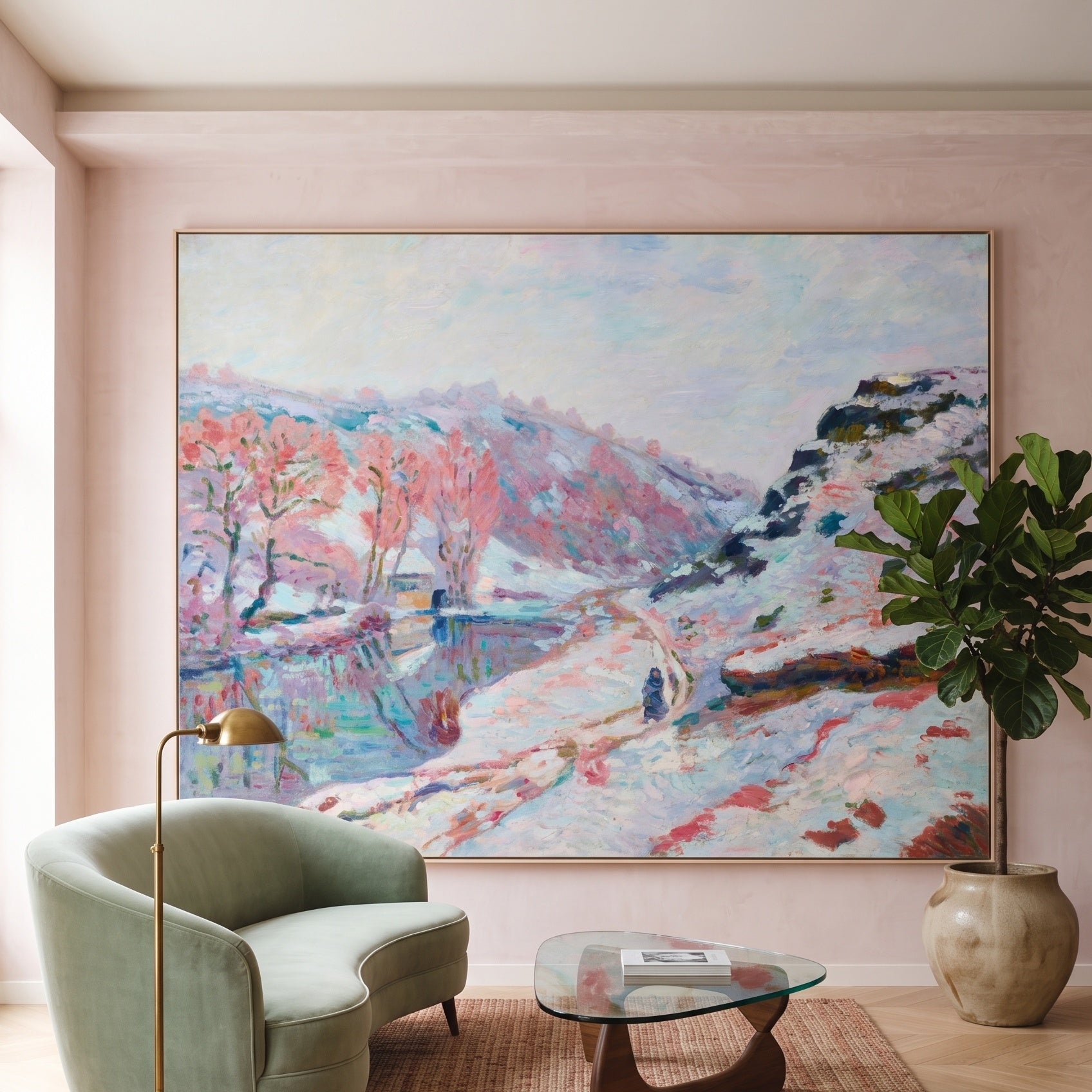 La Vallée de la Sédelle sous by Armand Guillaumin — large blue and pink Impressionist canvas art on a living room wall