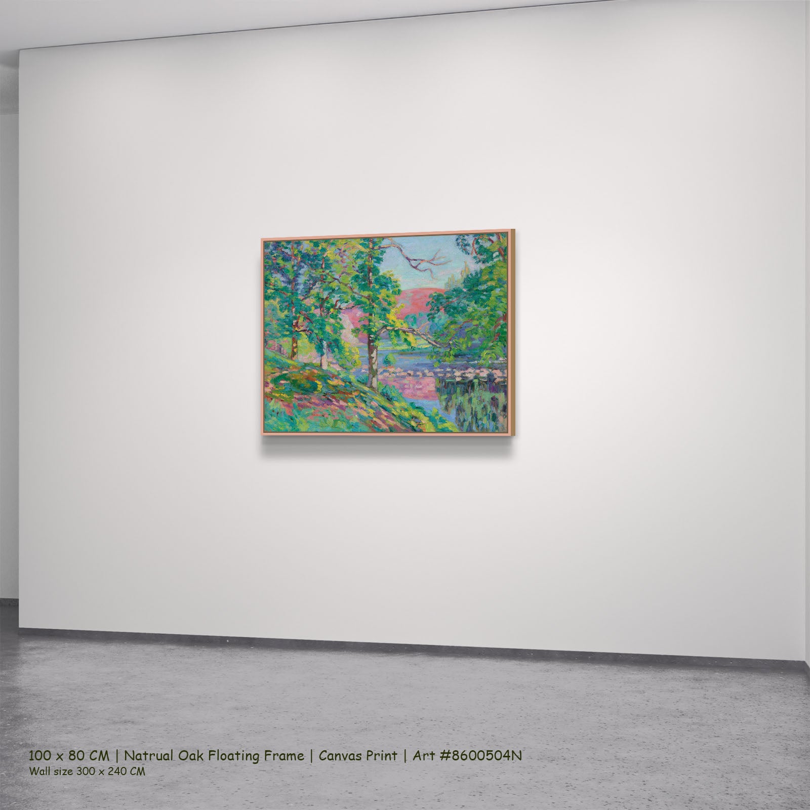 Les Bords de la Creuse by Armand Guillaumin in a natural oak floating frame, large green and pink Impressionist canvas