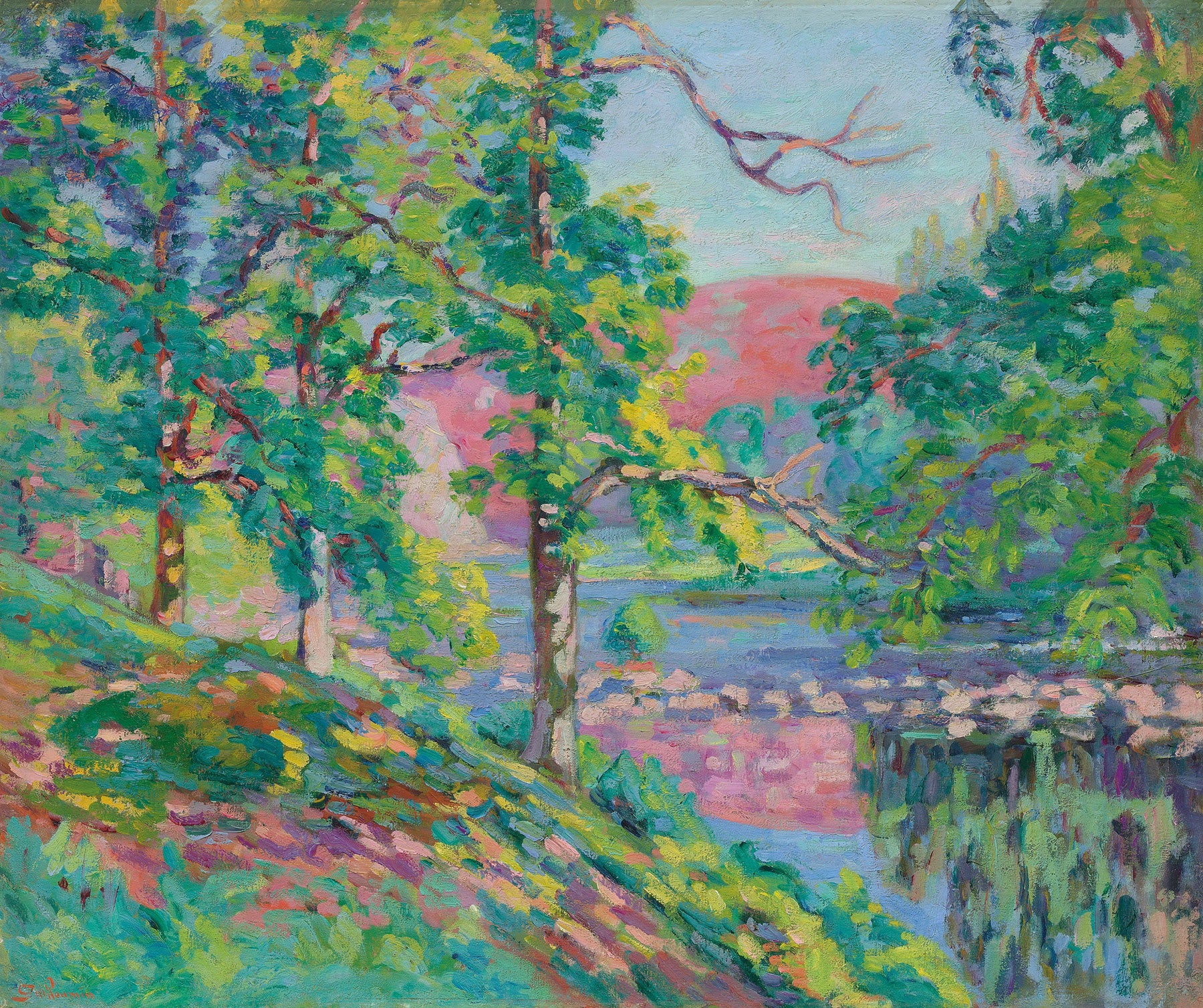 Large green and pink Impressionist canvas print of Les Bords de la Creuse by Armand Guillaumin