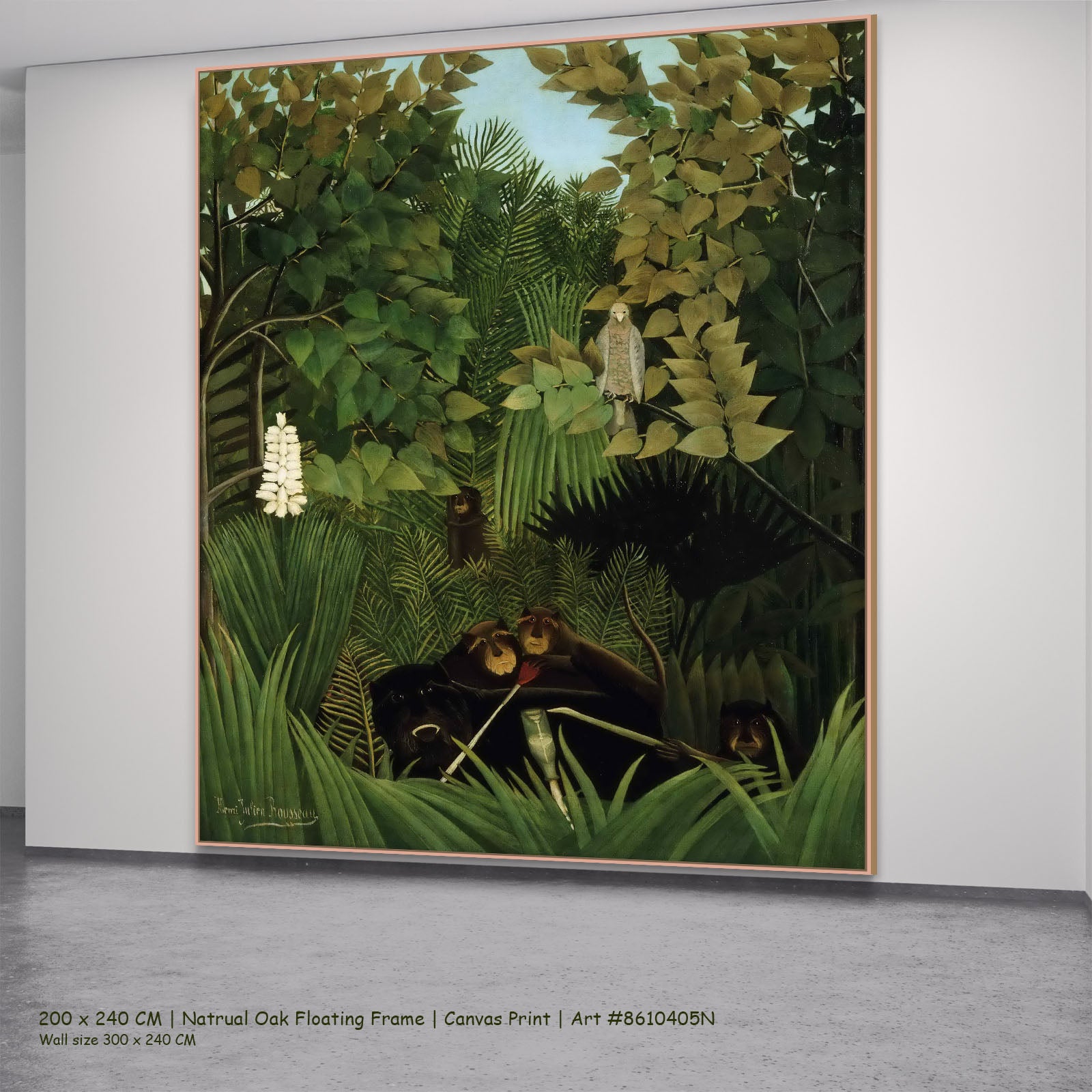 The Merry Jesters by Henri Rousseau in a natural oak floating frame, large green and olive Jungle canvas