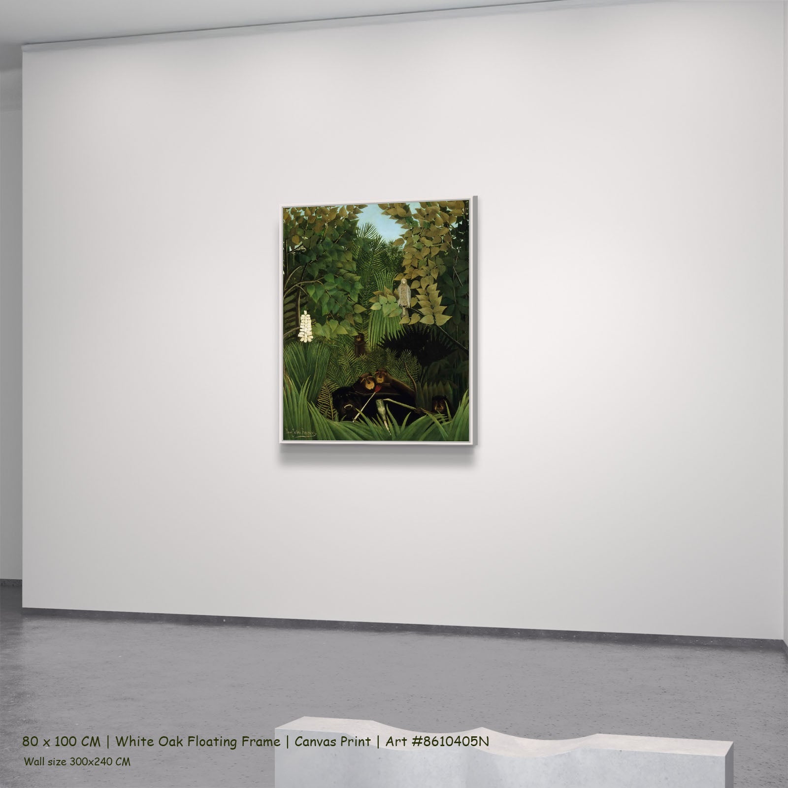 The Merry Jesters by Henri Rousseau in a white oak floating frame, large green and olive Jungle canvas