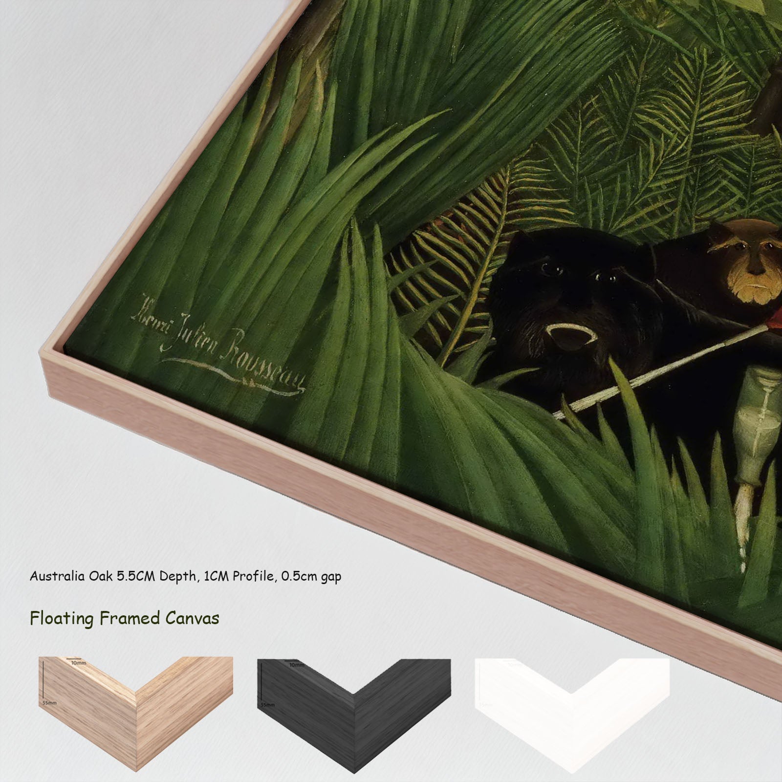 The Merry Jesters by Henri Rousseau in a floating frame, large green and olive Jungle canvas print