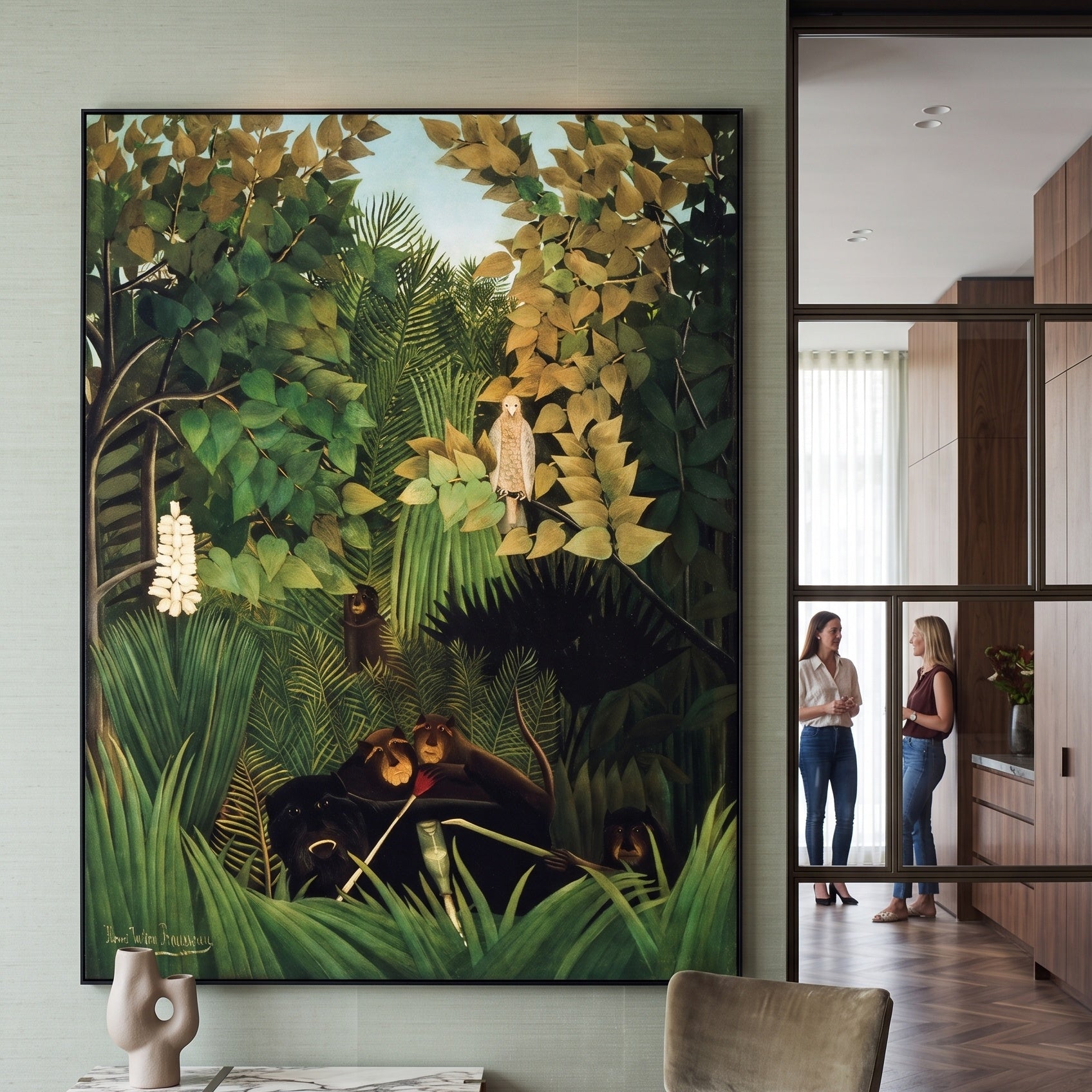 The Merry Jesters by Henri Rousseau — large green and olive Jungle canvas art on a entryway wall