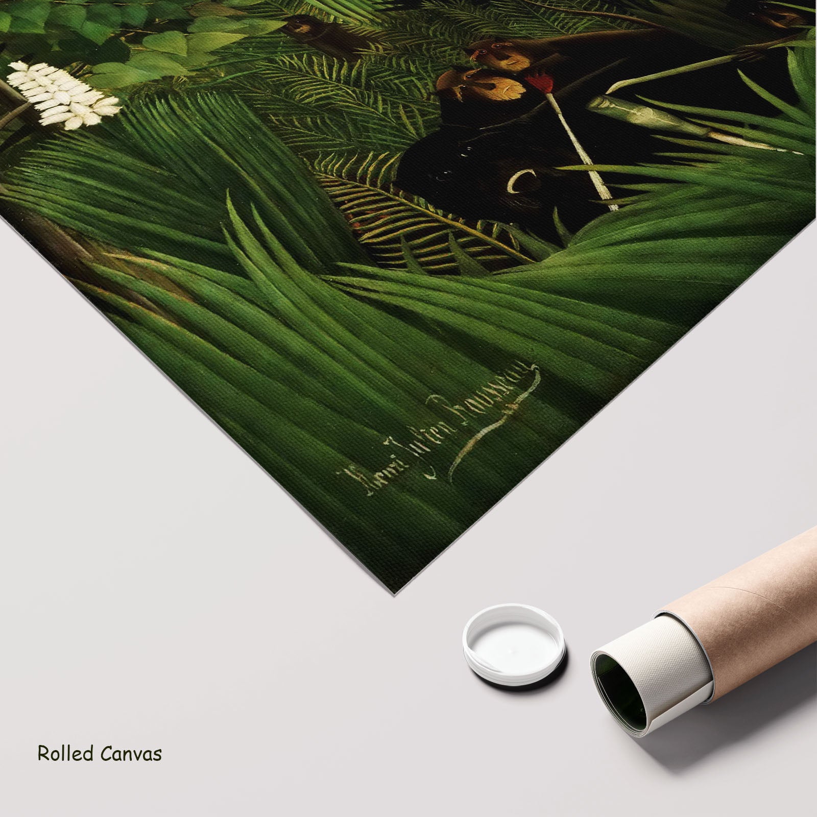 The Merry Jesters by Henri Rousseau as a large rolled green and olive Jungle canvas print