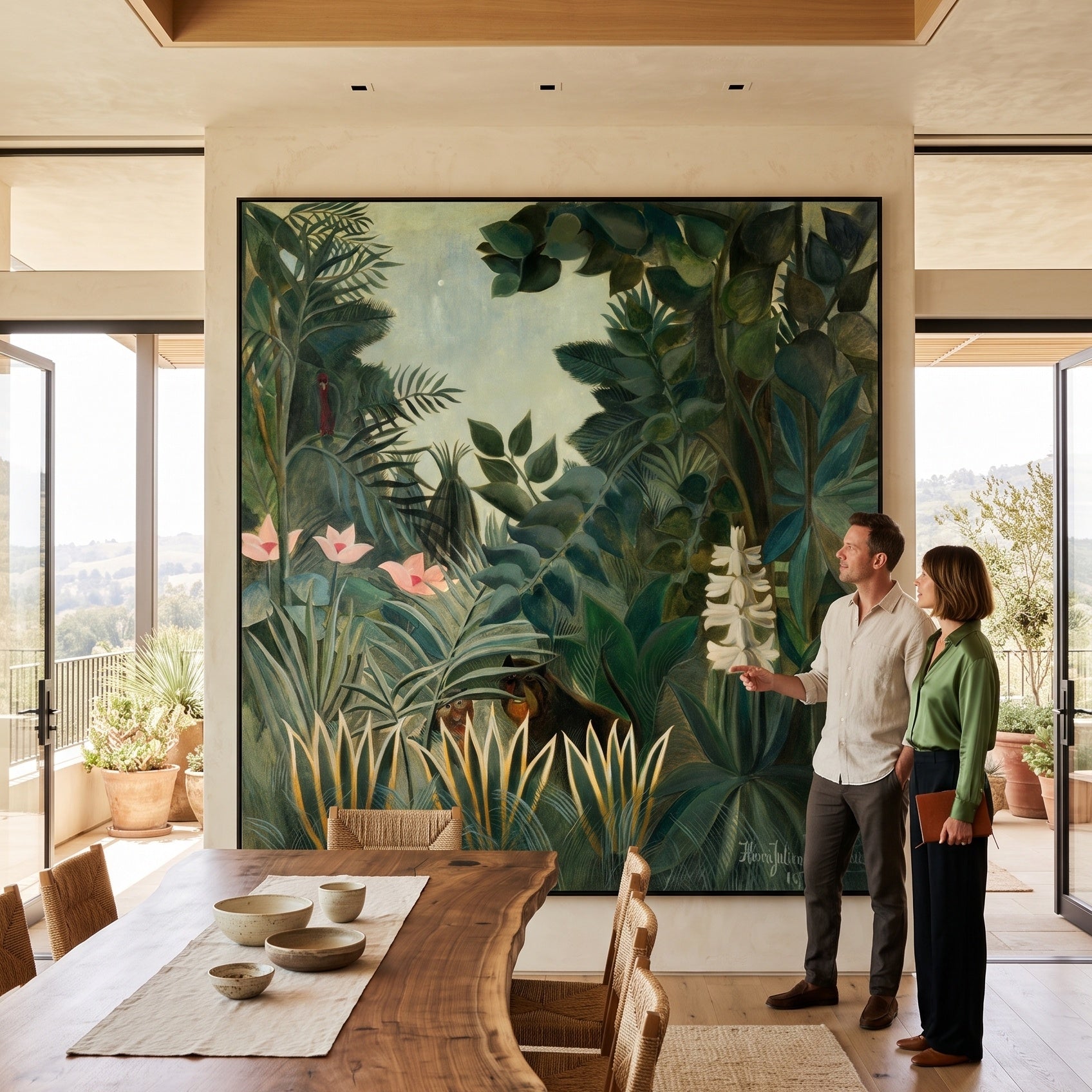 The Equatorial Jungle by Henri Rousseau — large green and olive Jungle canvas art displayed on a wall