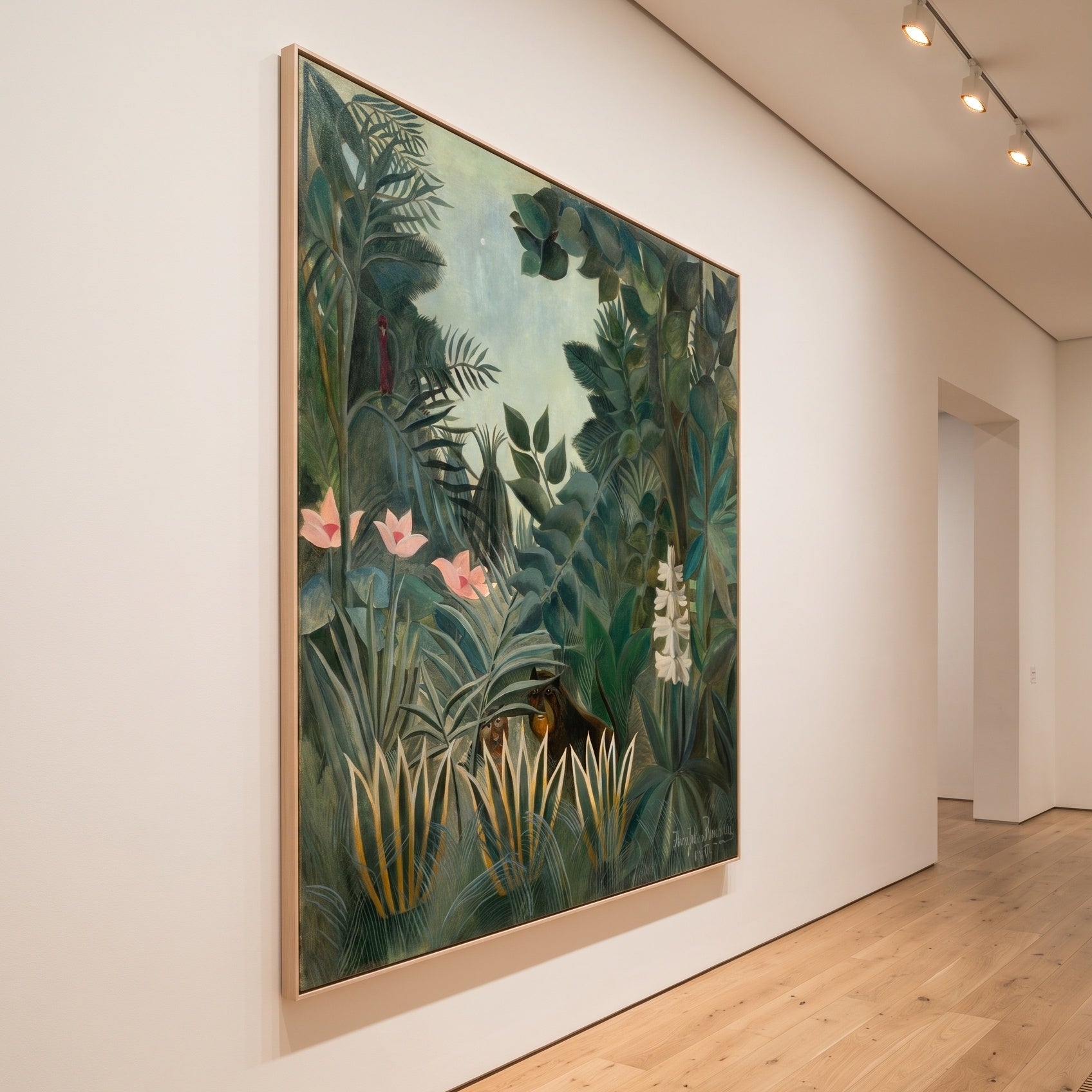 The Equatorial Jungle by Henri Rousseau — large green and olive Jungle canvas art on a hallway wall