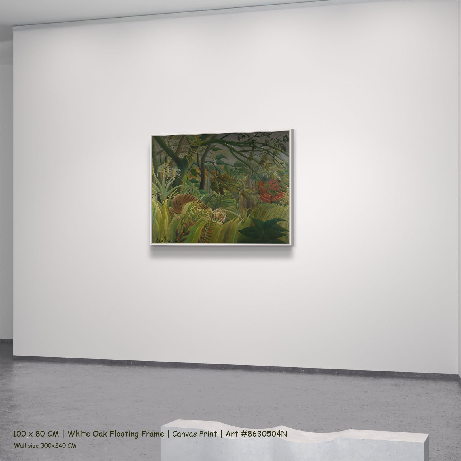Tiger in a Tropical Storm by Henri Rousseau in a white oak floating frame, large green and olive Jungle canvas