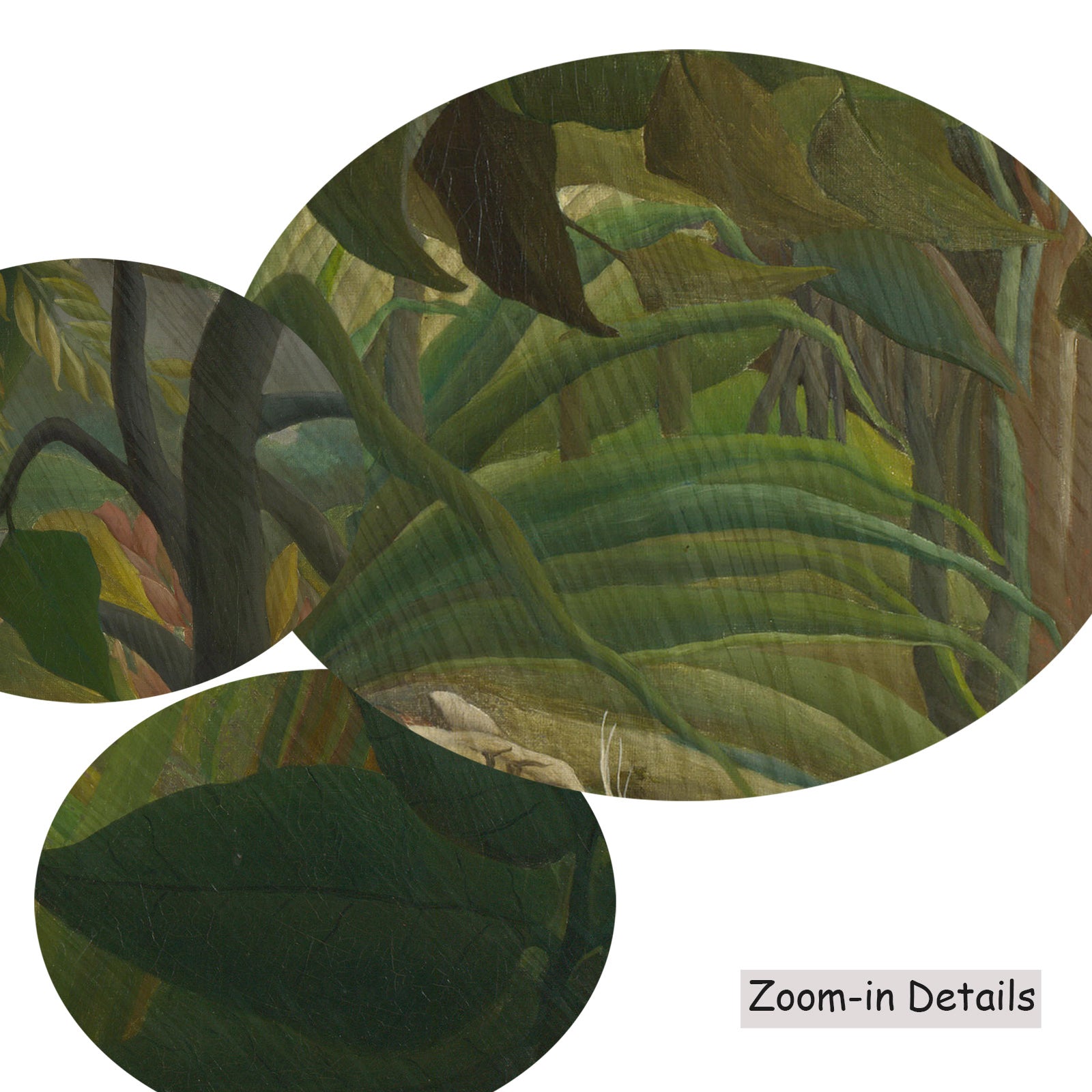 Close-up detail of the brushwork on Tiger in a Tropical Storm, a large green and olive Jungle canvas by Henri Rousseau