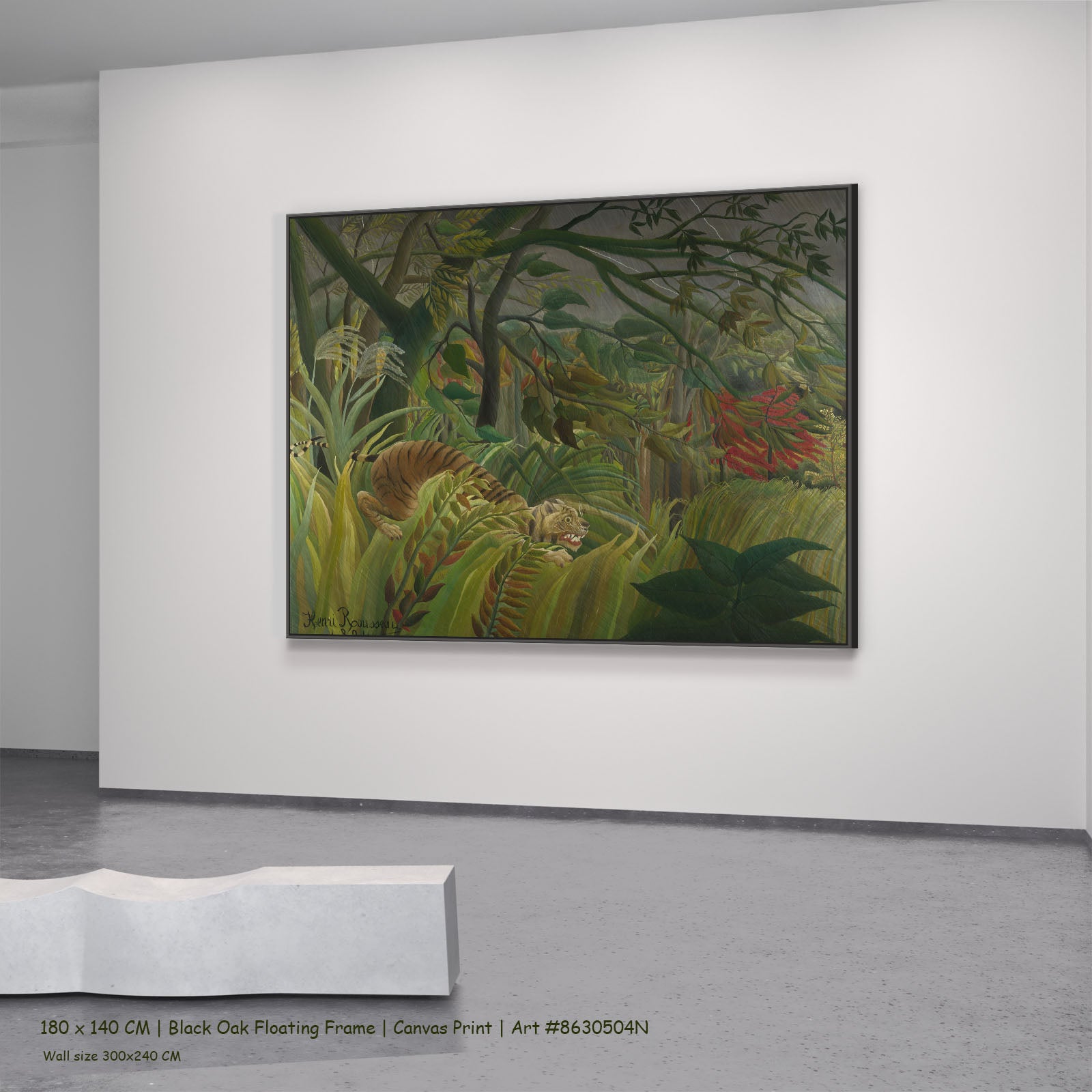Tiger in a Tropical Storm by Henri Rousseau in a black oak floating frame, large green and olive Jungle canvas