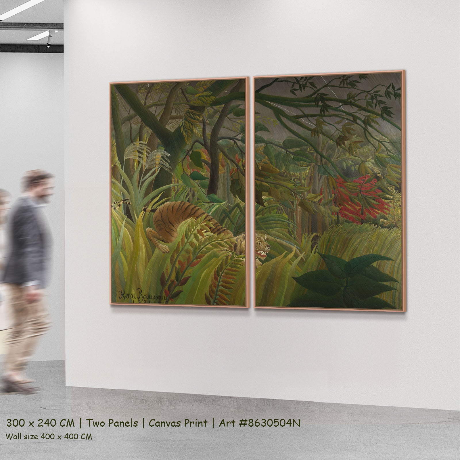 Tiger in a Tropical Storm by Henri Rousseau as a large two-panel green and olive Jungle canvas set