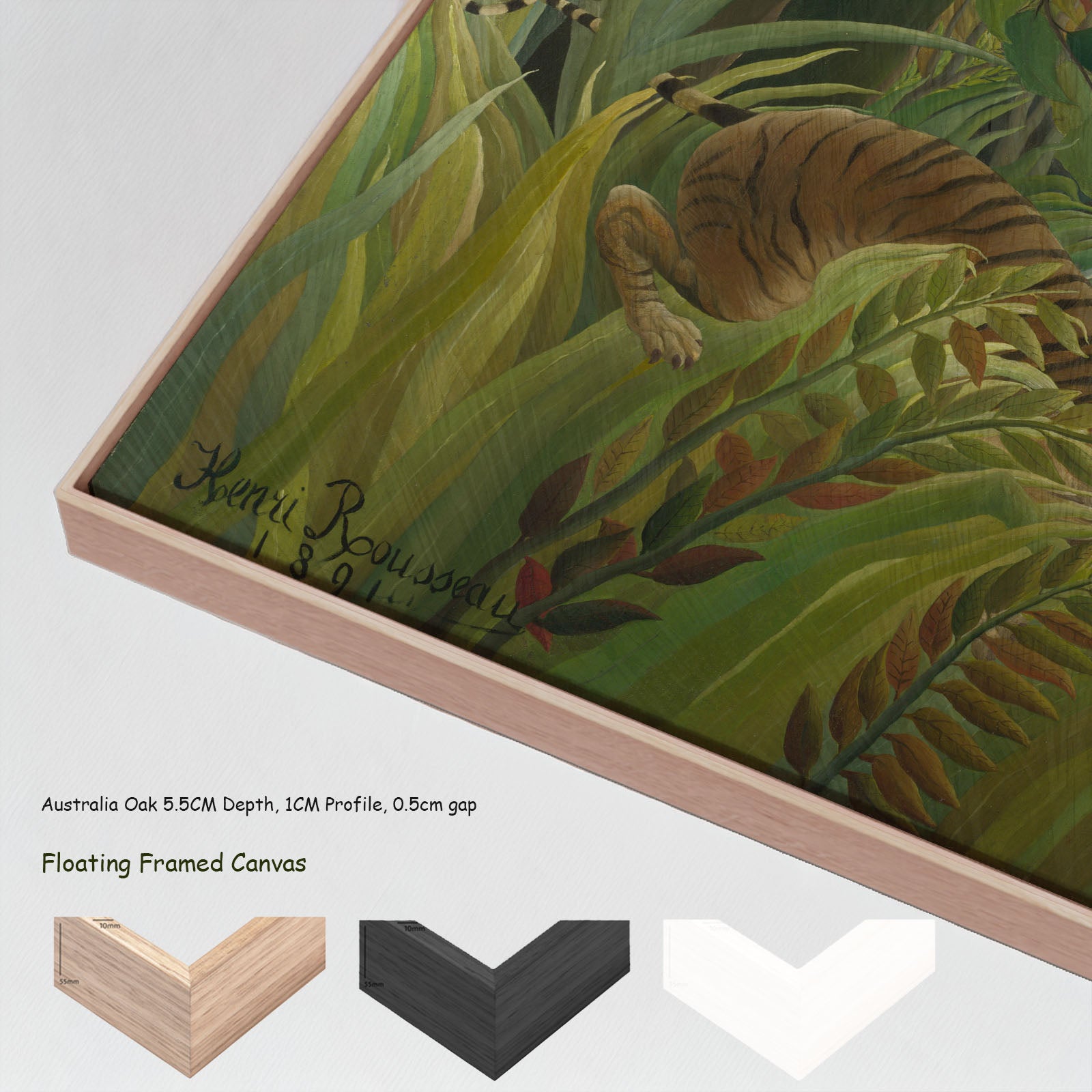 Tiger in a Tropical Storm by Henri Rousseau in a floating frame, large green and olive Jungle canvas print