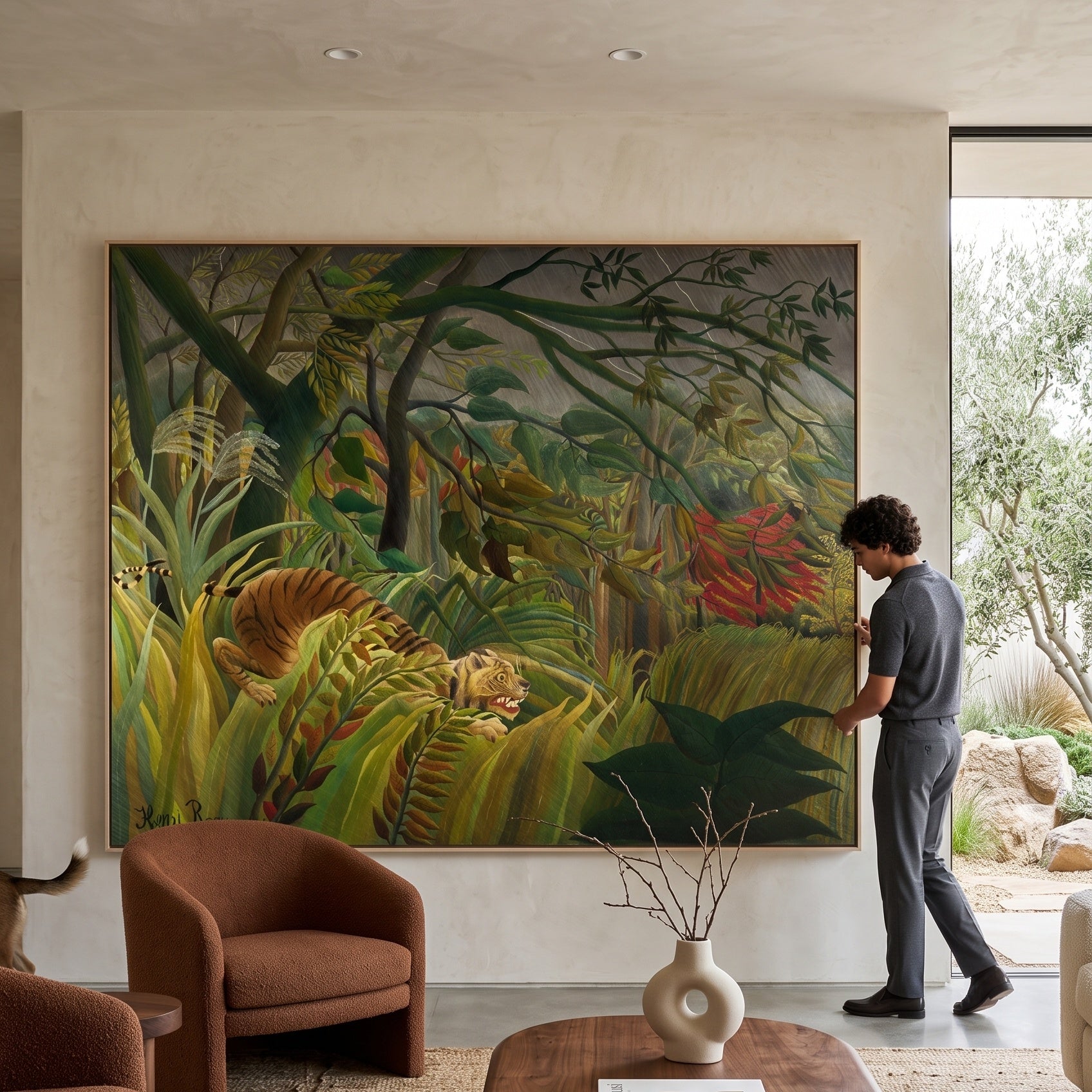 Tiger in a Tropical Storm by Henri Rousseau — large green and olive Jungle canvas art on a living room wall