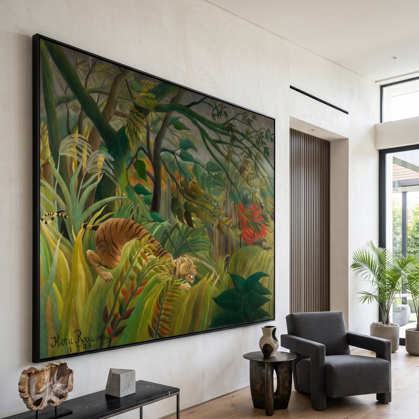 Tiger in a Tropical Storm by Henri Rousseau — large green and olive Jungle canvas art on a hallway wall