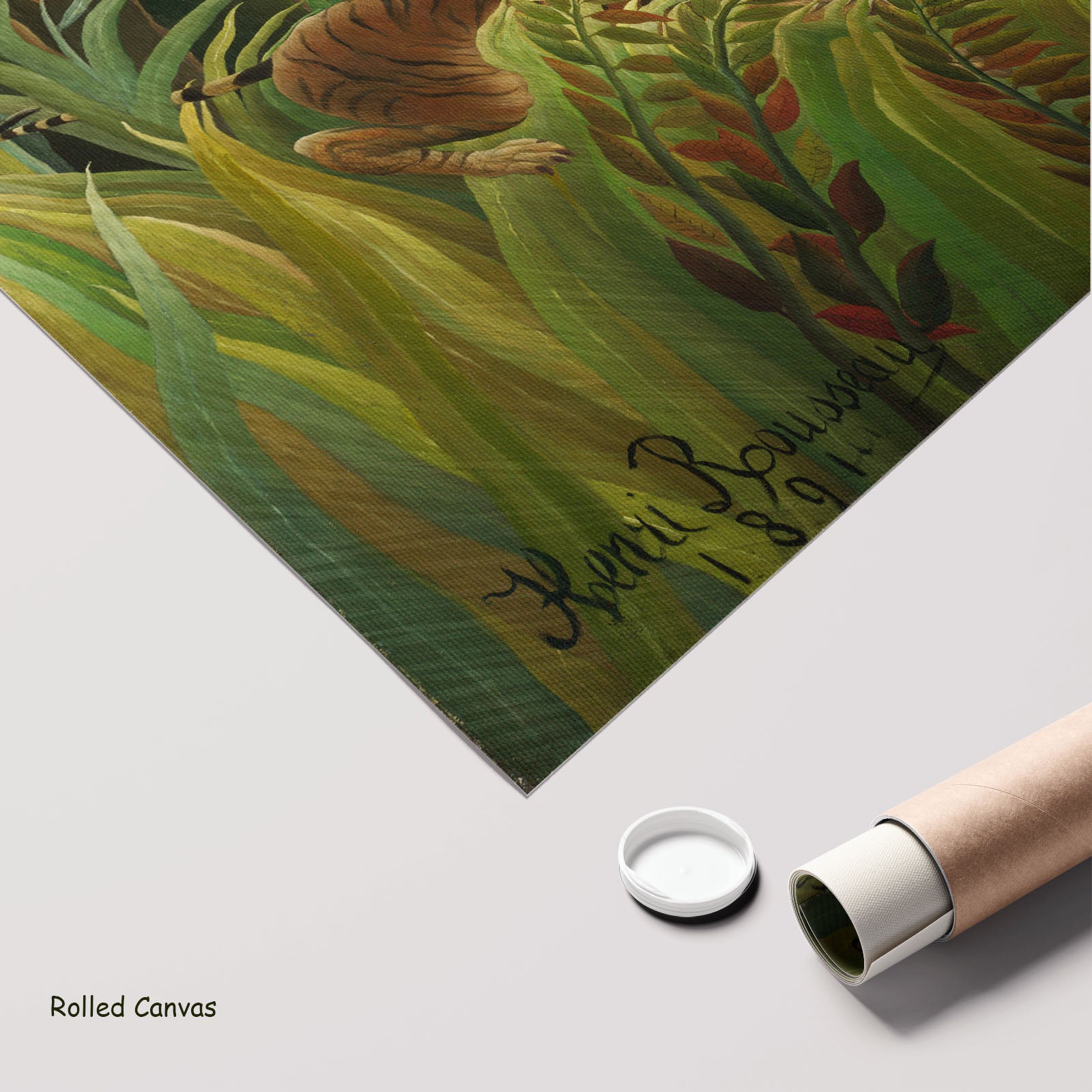 Tiger in a Tropical Storm by Henri Rousseau as a large rolled green and olive Jungle canvas print