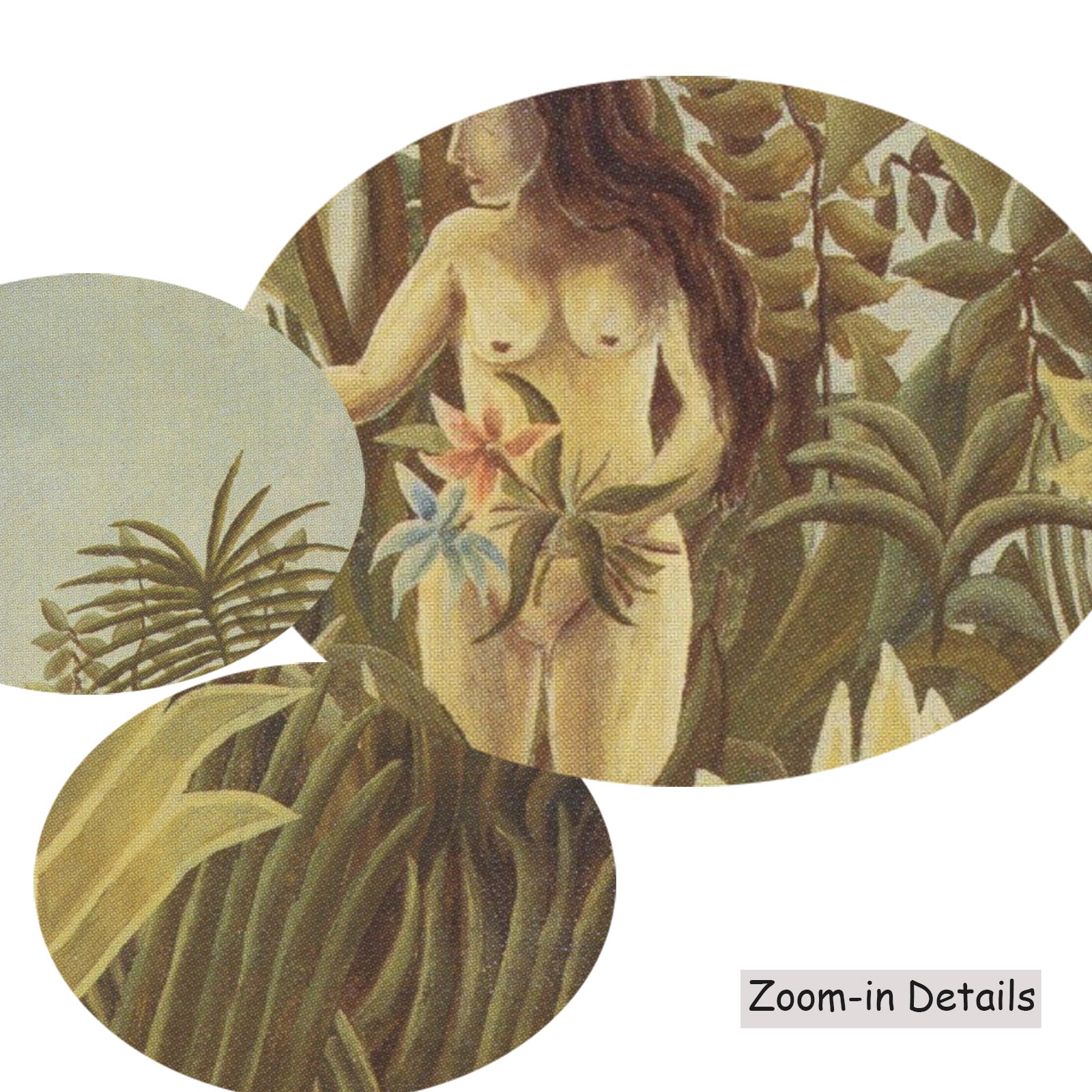 Close-up detail of the brushwork on Eve, a large gold and olive Jungle canvas by Henri Rousseau