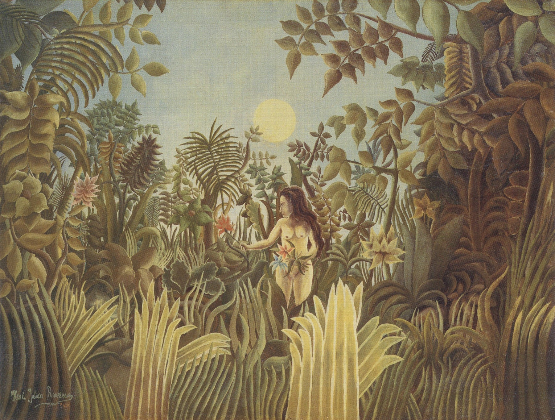 Large gold and olive Jungle canvas print of Eve by Henri Rousseau