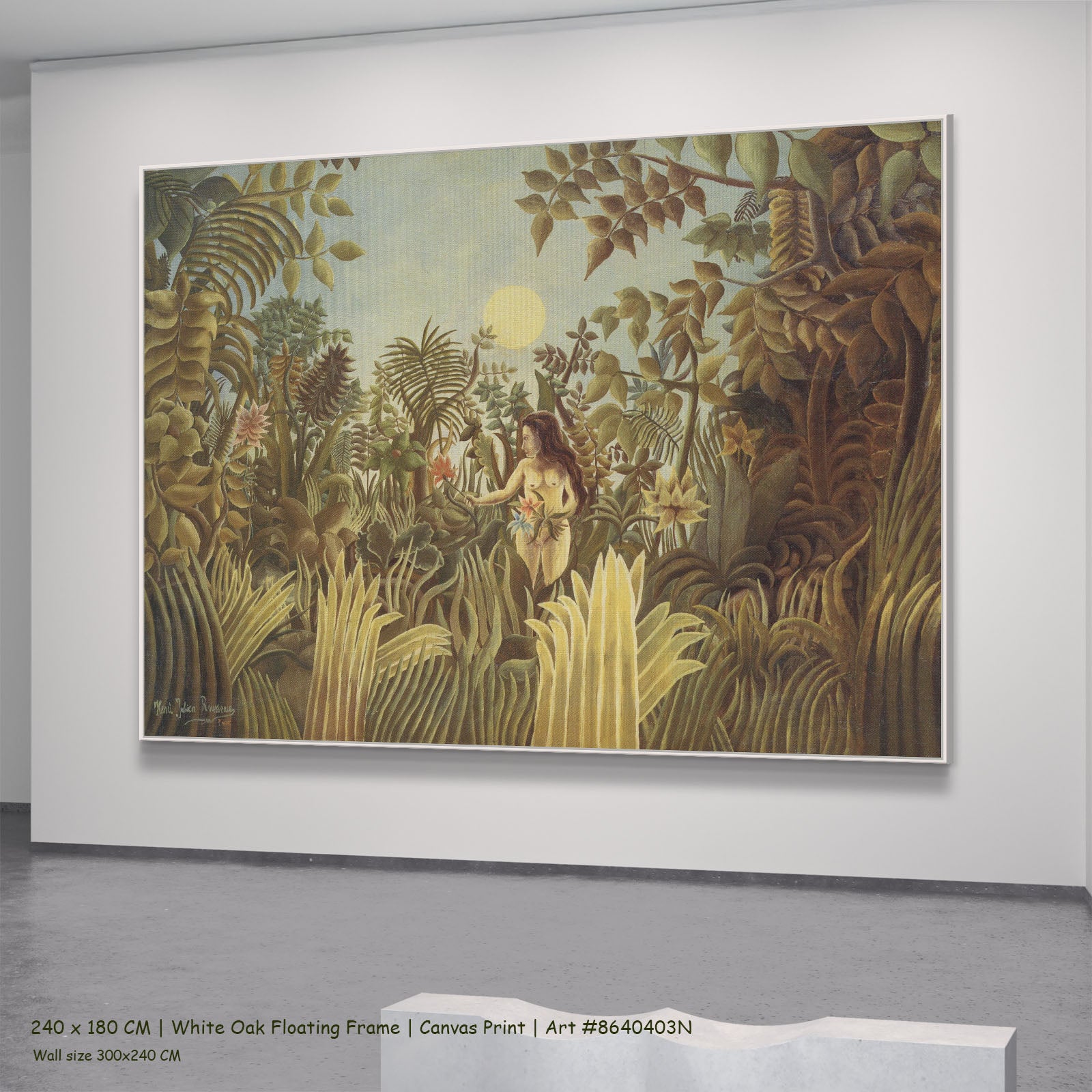 Eve by Henri Rousseau in a white oak floating frame, large gold and olive Jungle canvas