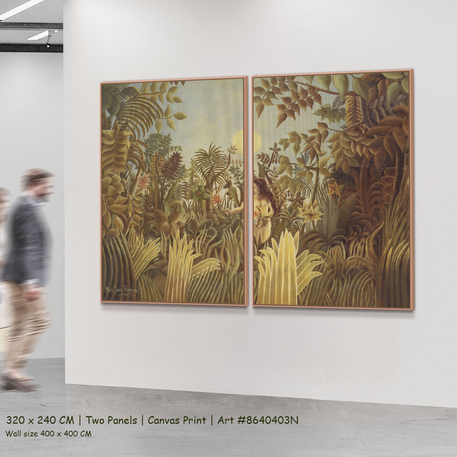 Eve by Henri Rousseau as a large two-panel gold and olive Jungle canvas set