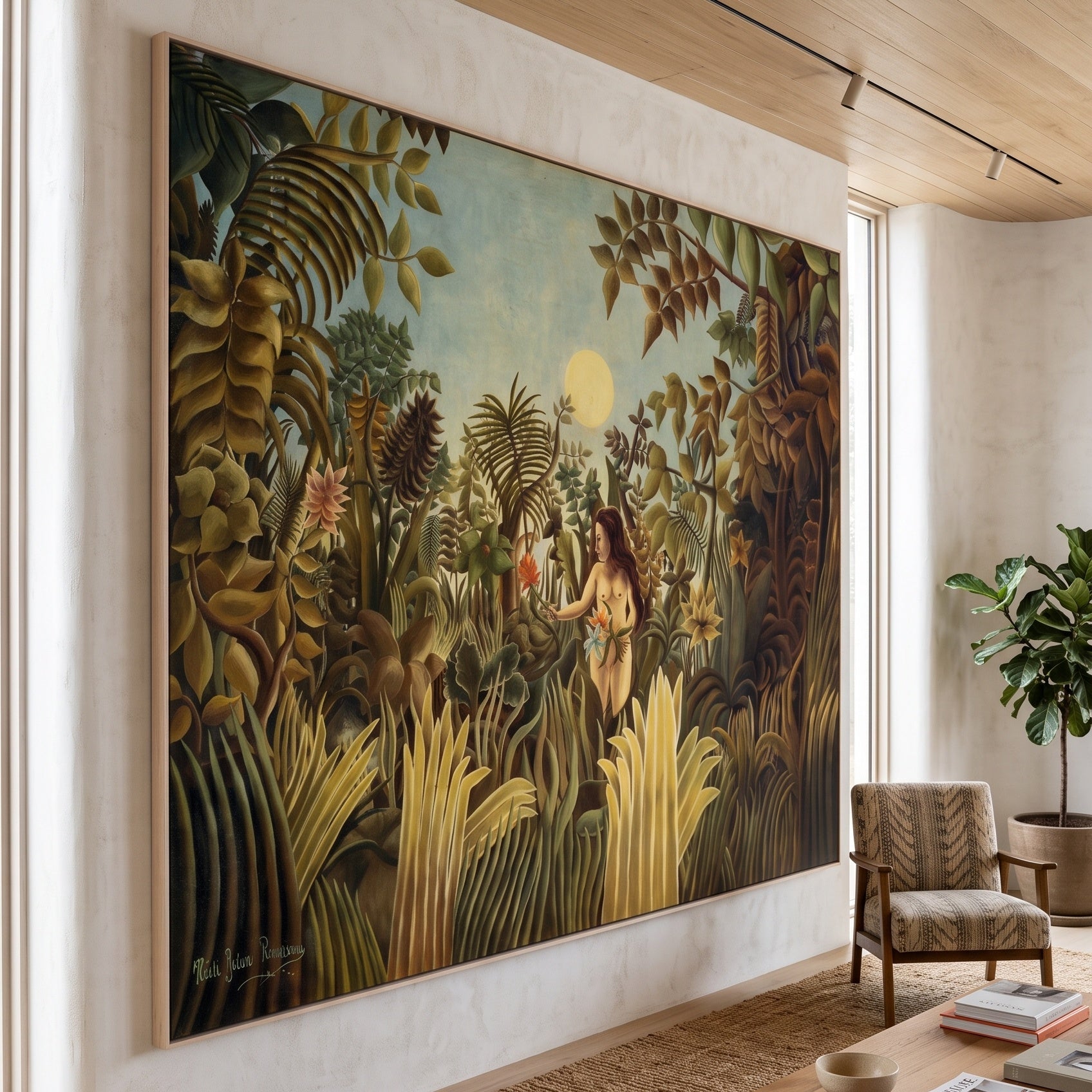 Eve by Henri Rousseau — large gold and olive Jungle canvas art displayed on a wall