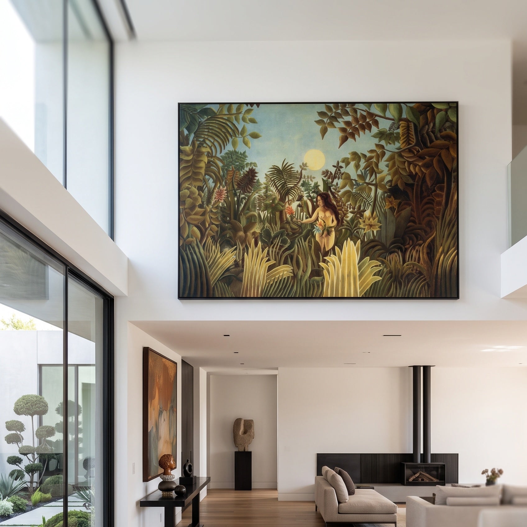 Eve by Henri Rousseau — large gold and olive Jungle canvas art on a hallway wall