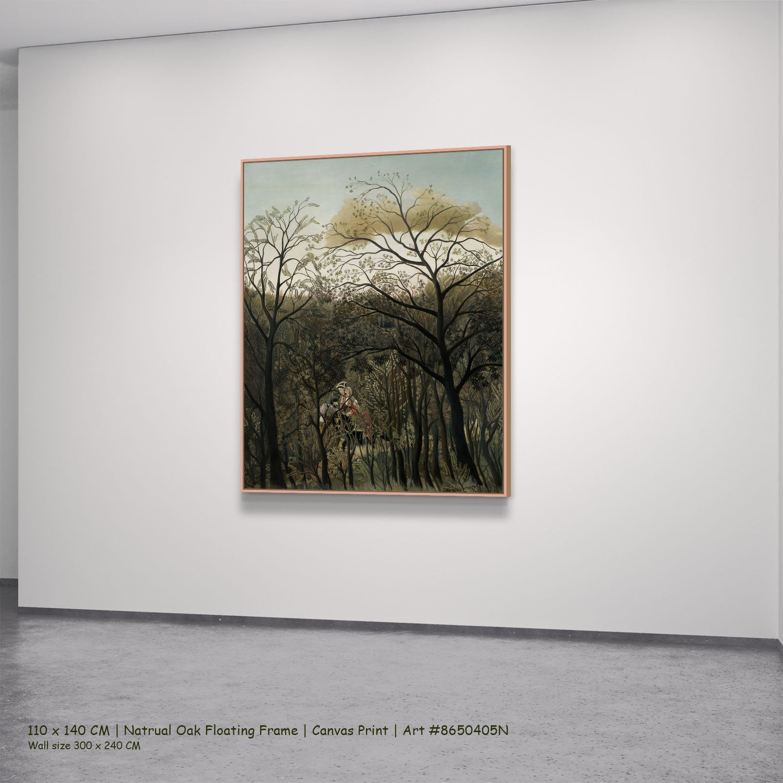 Rendezvous in the Forest by Henri Rousseau in a natural oak floating frame, large olive and brown Jungle canvas