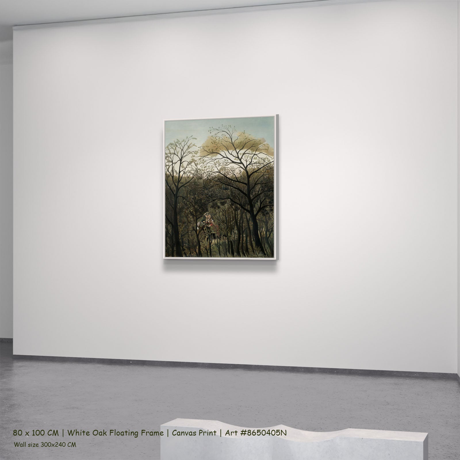 Rendezvous in the Forest by Henri Rousseau in a white oak floating frame, large olive and brown Jungle canvas