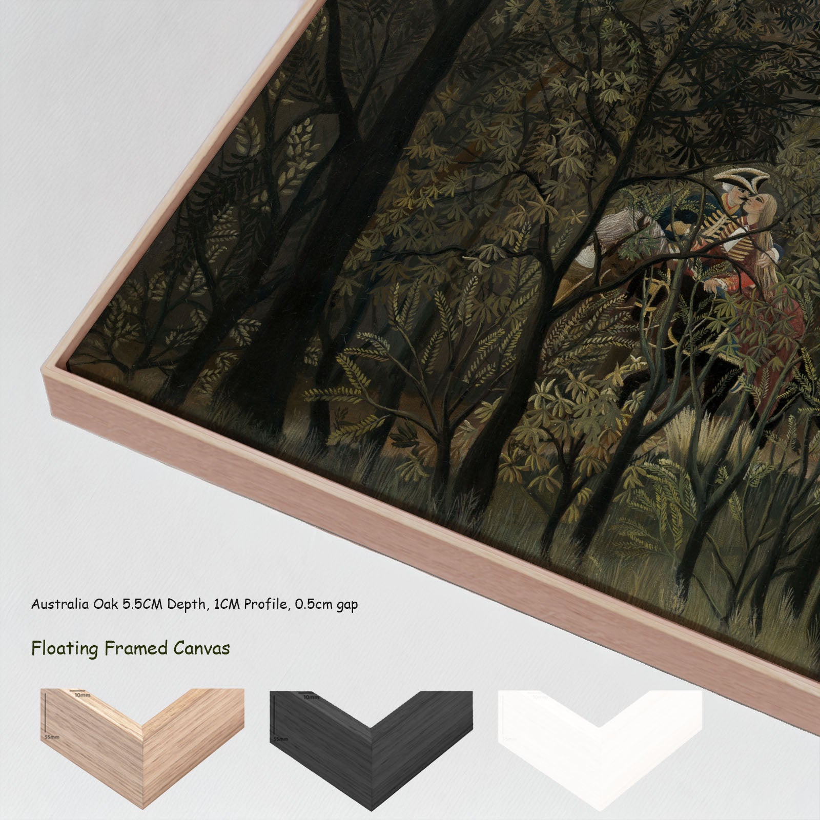 Rendezvous in the Forest by Henri Rousseau in a floating frame, large olive and brown Jungle canvas print
