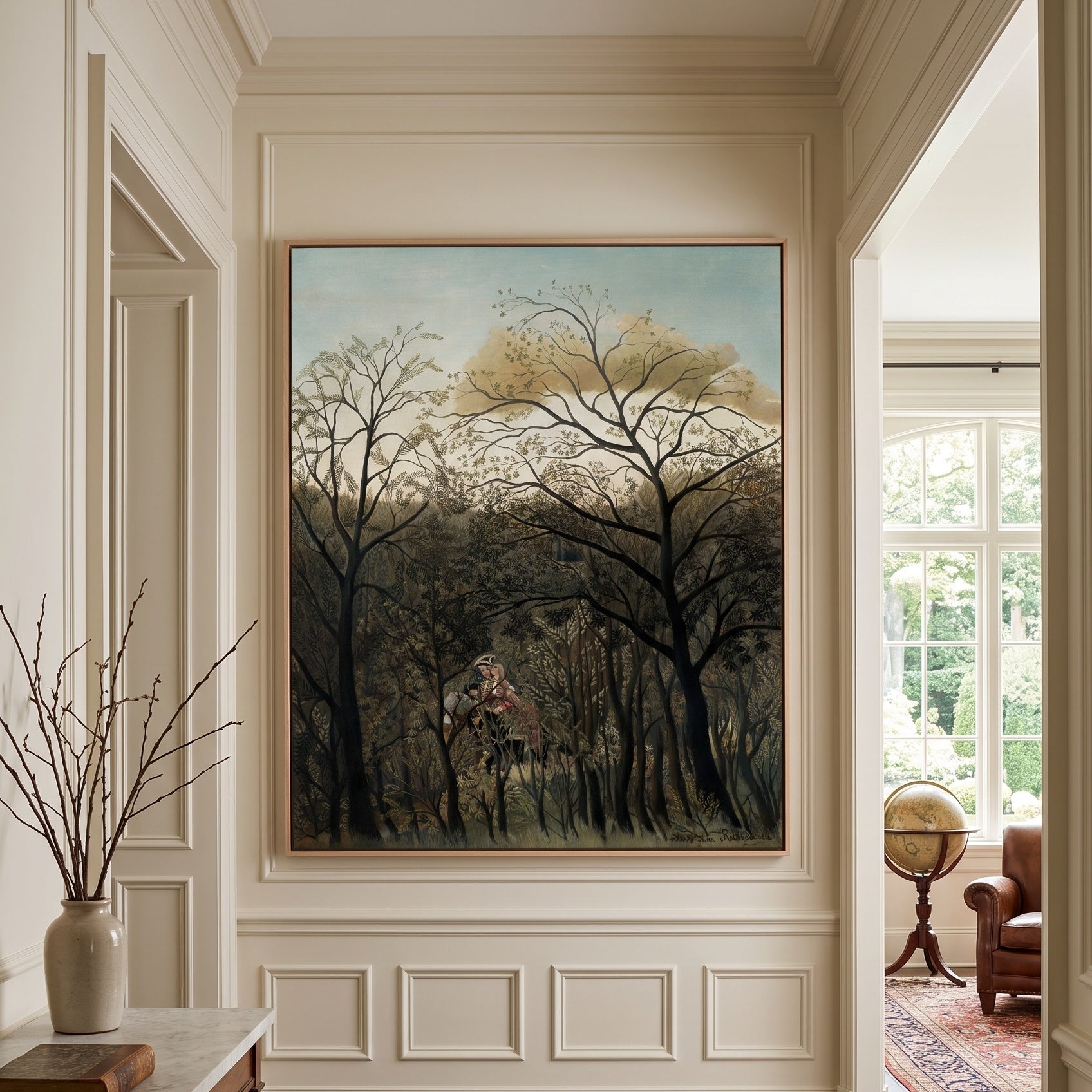 Rendezvous in the Forest by Henri Rousseau — large olive and brown Jungle canvas art on a hallway wall