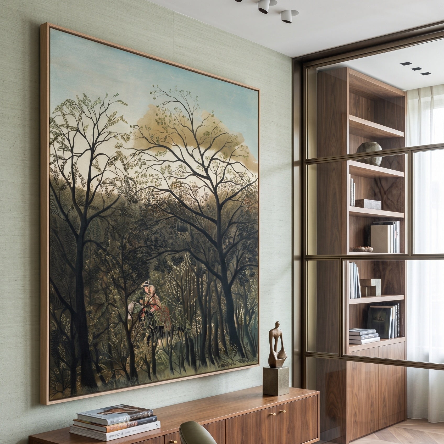 Rendezvous in the Forest by Henri Rousseau — large olive and brown Jungle canvas art on a entryway wall