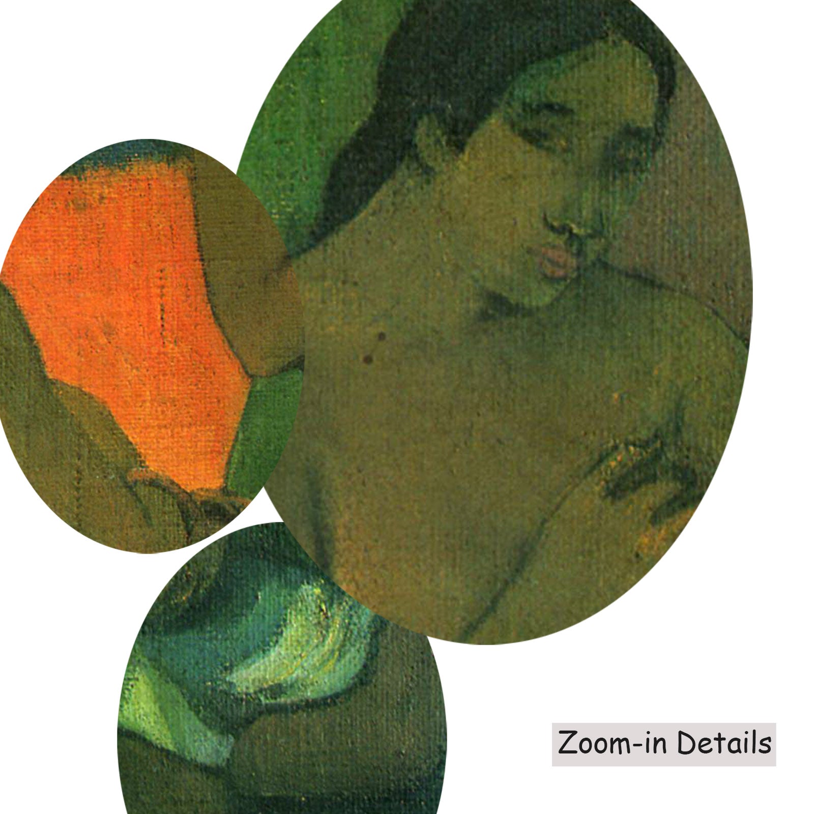 Close-up detail of the brushwork on Maternity, a large green and orange Impressionist canvas by Paul Gauguin