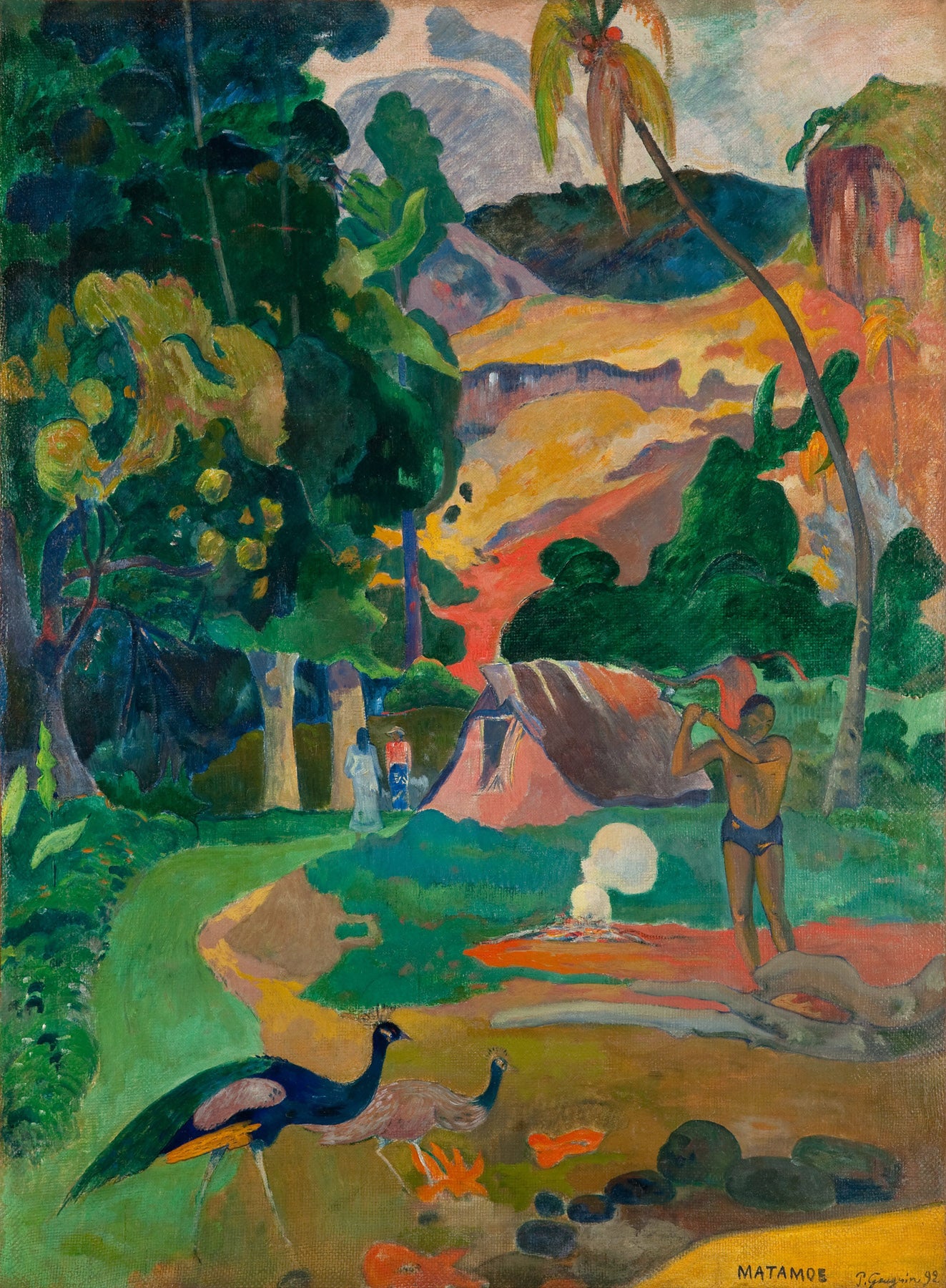 Large green and gold Impressionist canvas print of Matamoe by Paul Gauguin