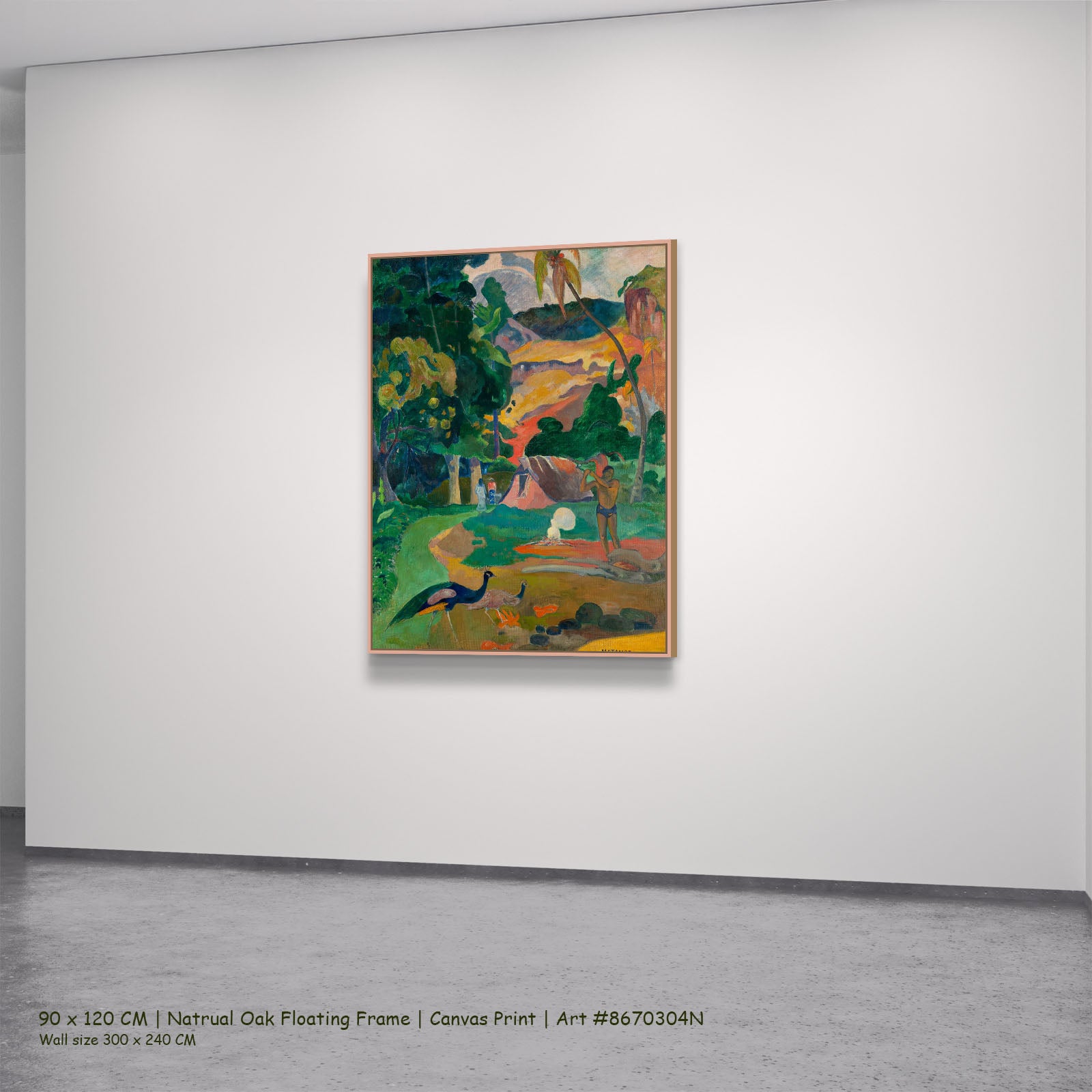 Matamoe by Paul Gauguin in a natural oak floating frame, large green and gold Impressionist canvas