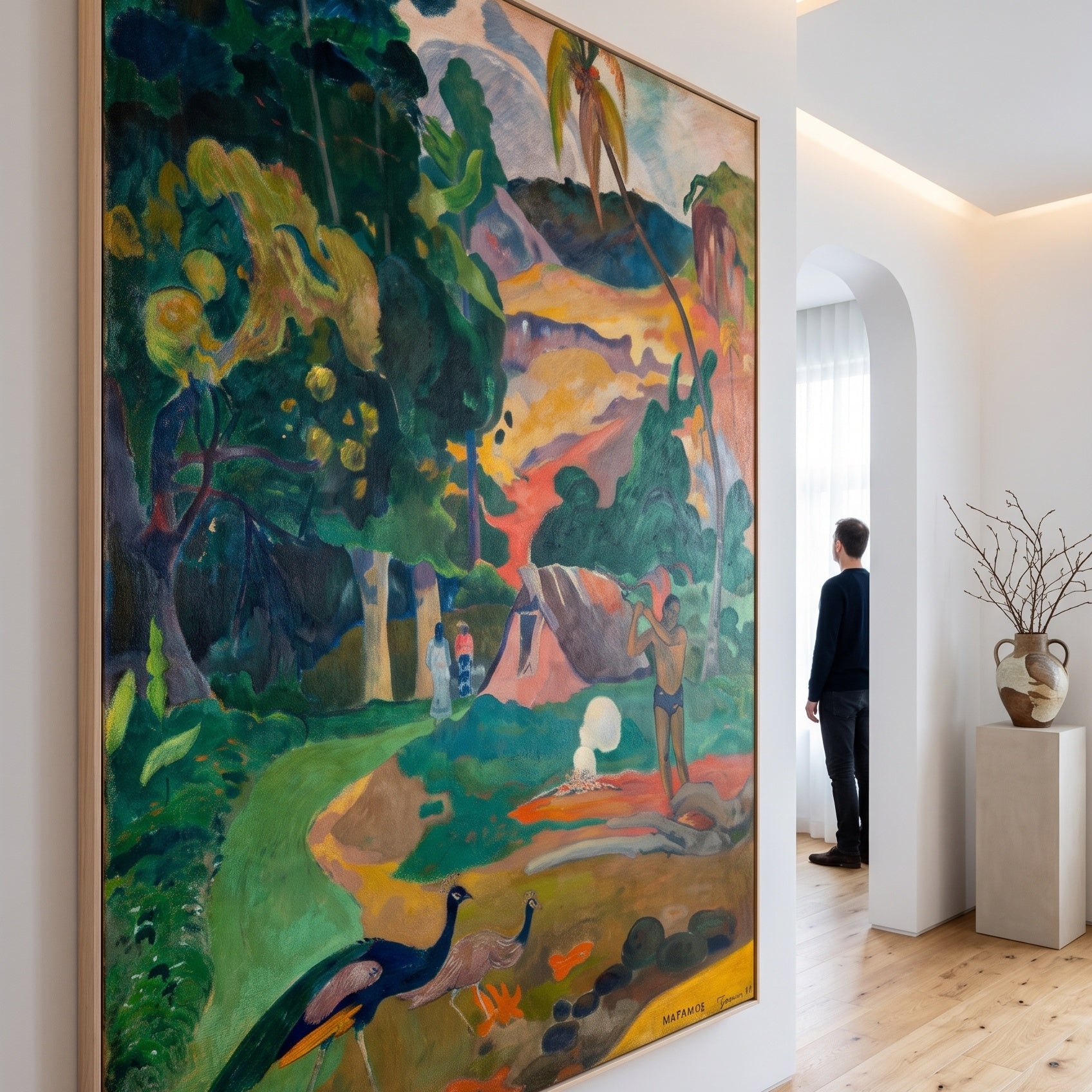 Matamoe by Paul Gauguin — large green and gold Impressionist canvas art on a living room wall