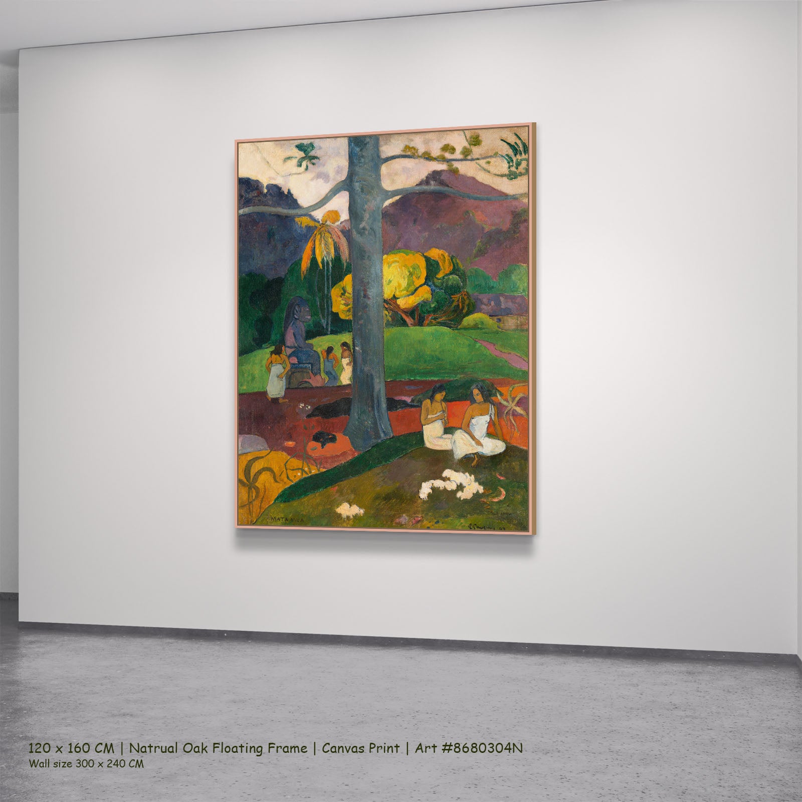 Mata Mua by Paul Gauguin in a natural oak floating frame, large green and gold Impressionist canvas