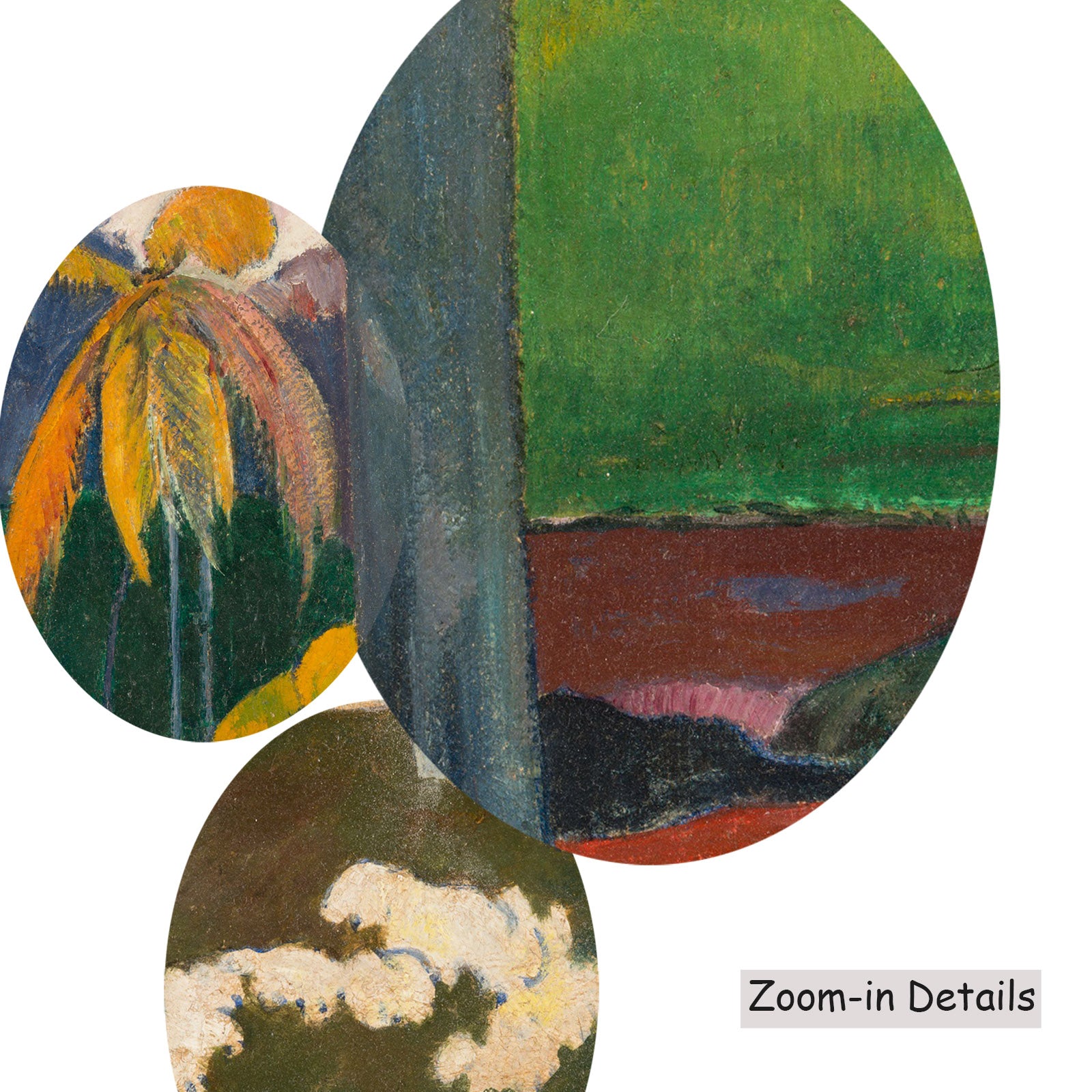 Close-up detail of the brushwork on Mata Mua, a large green and gold Impressionist canvas by Paul Gauguin