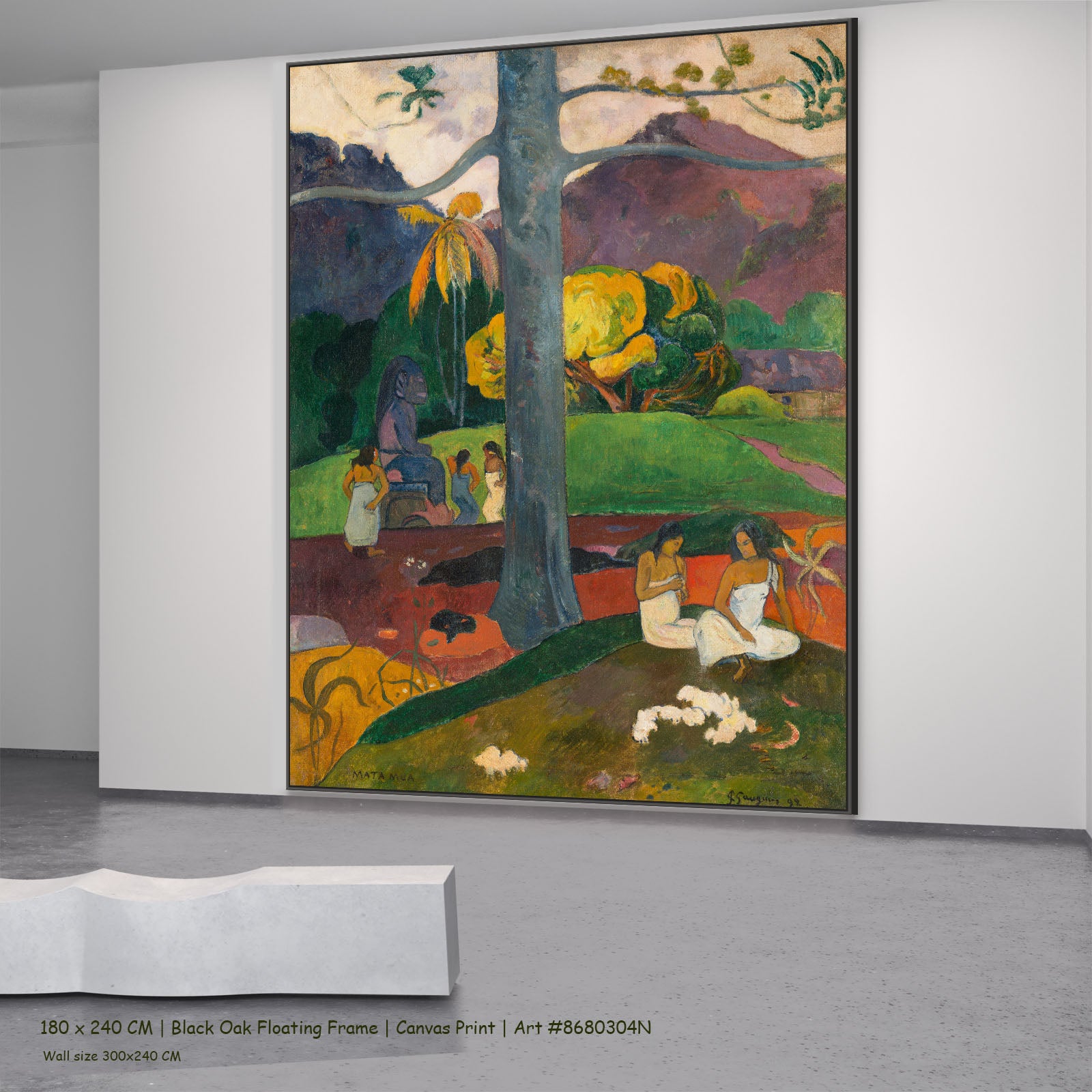 Mata Mua by Paul Gauguin in a black oak floating frame, large green and gold Impressionist canvas