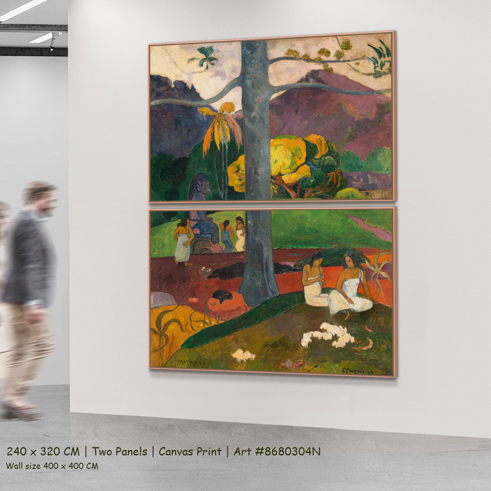 Mata Mua by Paul Gauguin as a large two-panel green and gold Impressionist canvas set