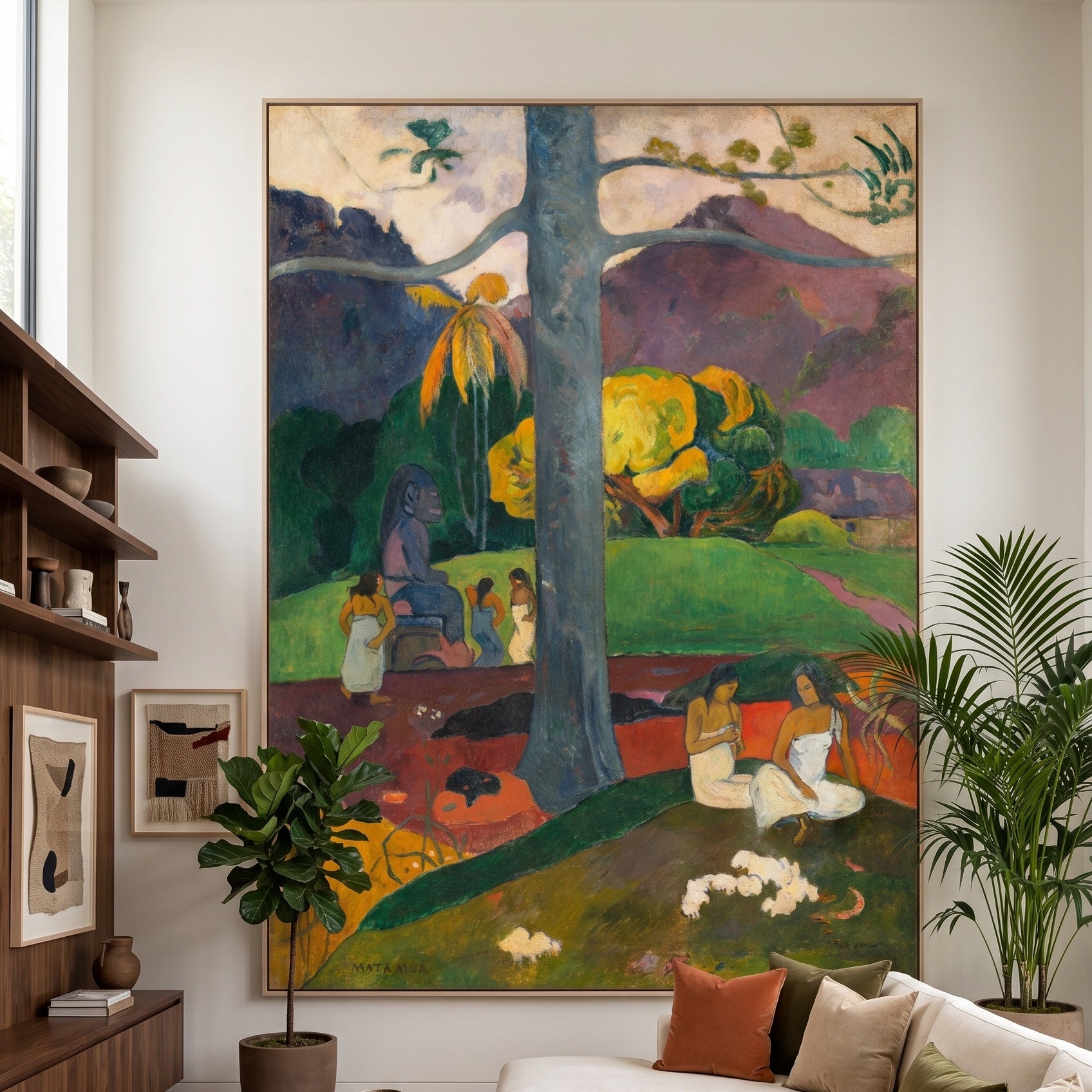 Mata Mua by Paul Gauguin — large green and gold Impressionist canvas art on a living room wall